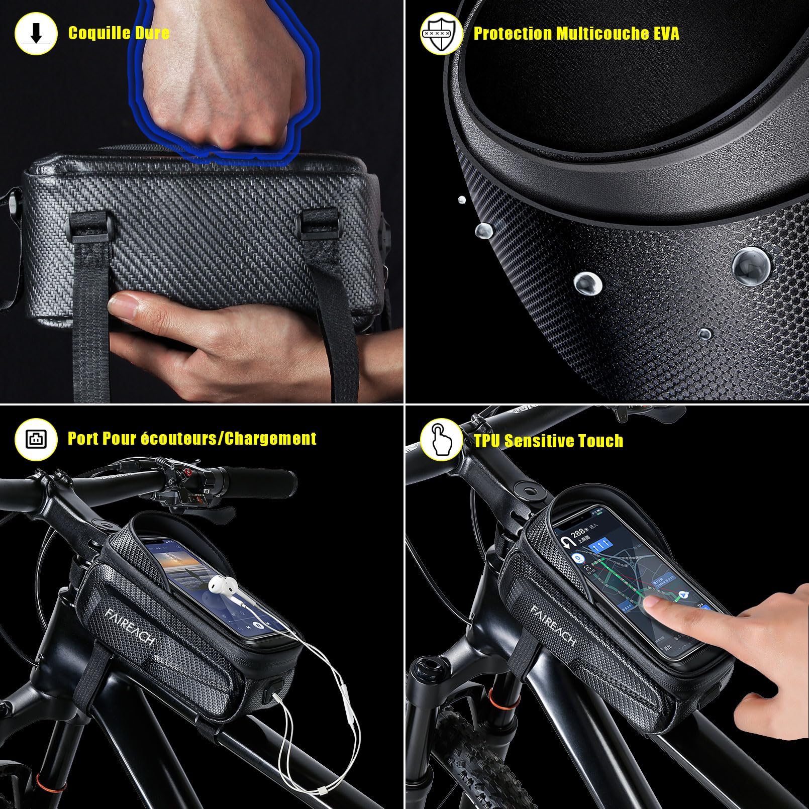Sacoche Velo Étanche Support Telephone Velo Cadre Guidon VTT TPU 3D Pare-Soleil Anti-reflet Coque Dure EVA Smartphones 6.8''