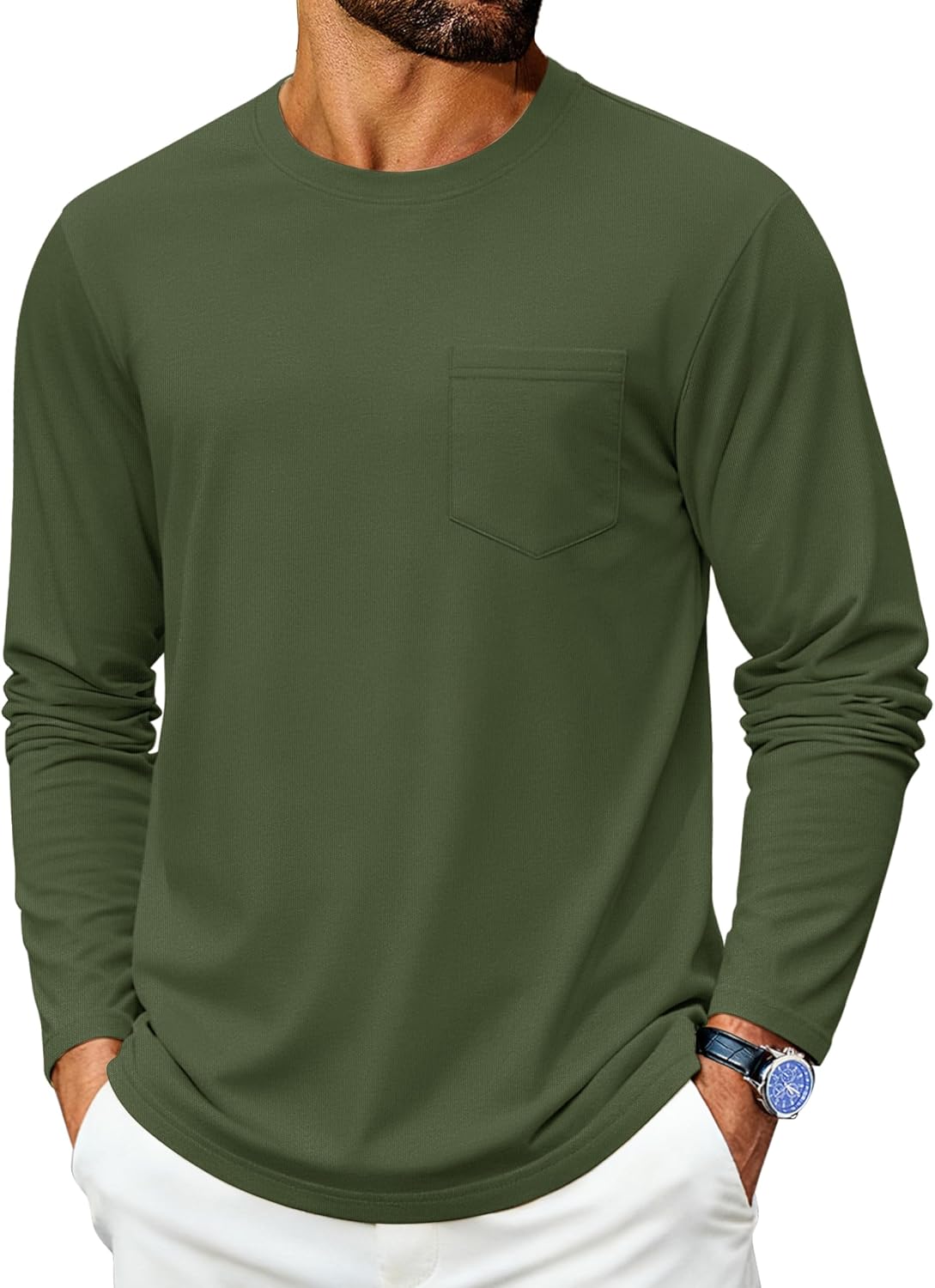 Cotrasen Men's Long Sleeve Shirts Cotton Crew Neck Pocket T Shirts Moisture Wicking Soft Comfort Casual Tee Shirts