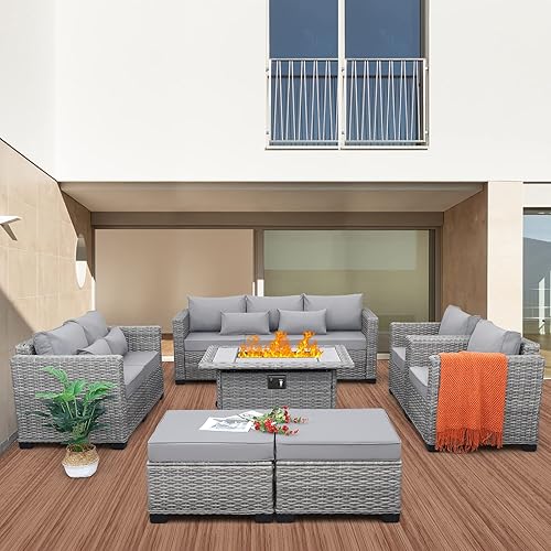 Miniatura 2 de Rattaner - Juego de 7 piezas de muebles de exterior, juego de muebles de patio con sofá de patio de 45 pulgadas con fogata, mesa de fogata de Gris