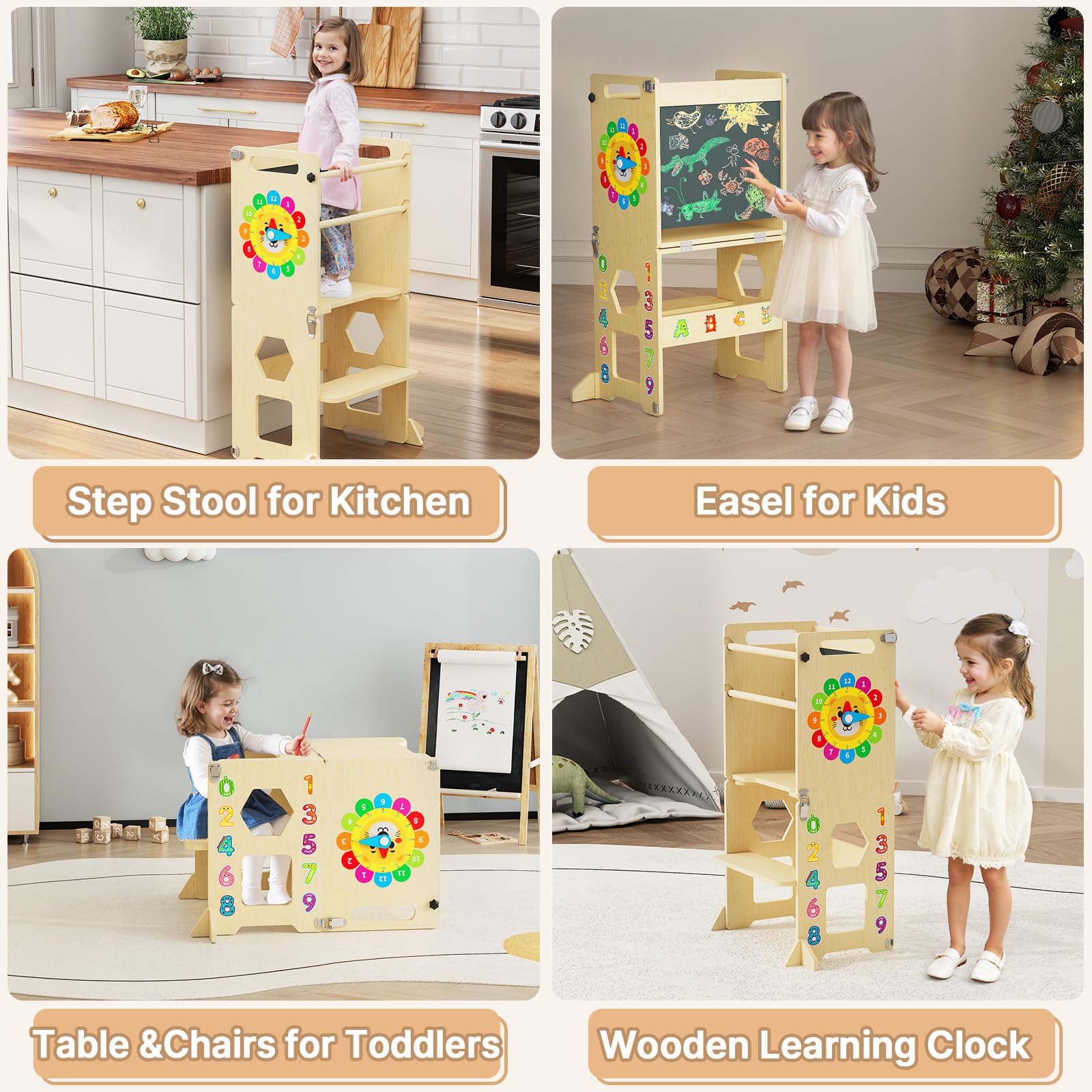 Lernturm ab 1 Jahr | 4-in-1 Lernturm Klappbar für Kinder |Learning Tower mit Tafel und Lernuhr aus Holz | Küchenhocker für Kleinkinder | Aus Nachhaltigem Holz | Stabiler Montessori