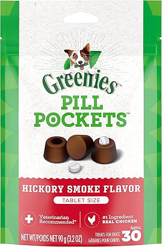 Greenies Pill Pockets - Golosinas suaves y naturales perros, tamaño ideal para comprimidos, con sabor a nogal ahumado, paquete de 3.2 onzas (30
