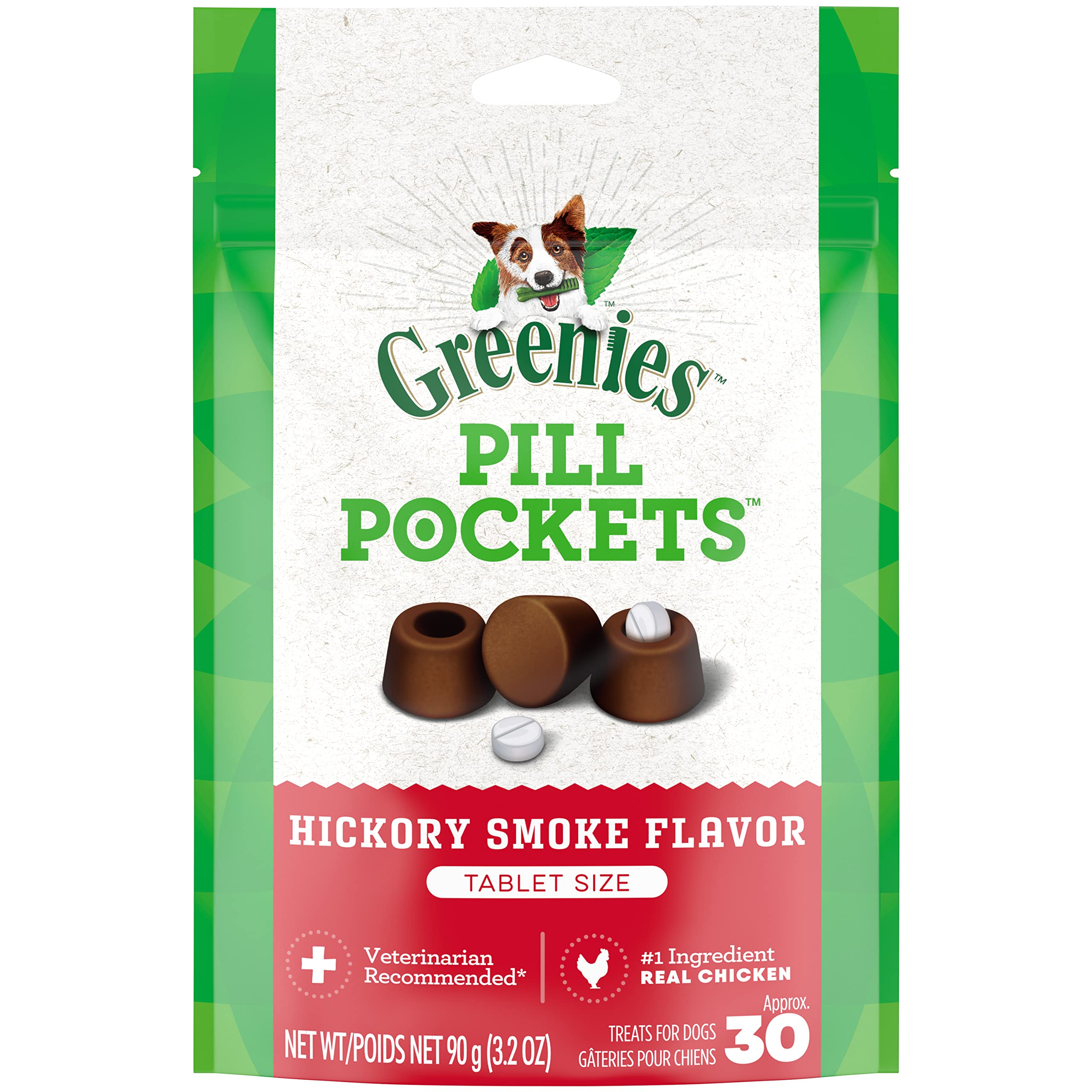 PILL POCKETS Soft Dog Treats, Hickory Smoke, Tablet, one (1) 3.2-oz. 30-count pack of GREENIES PILL POCKETS Treats for Dogs #1 vet-recommended choice for giving pills
