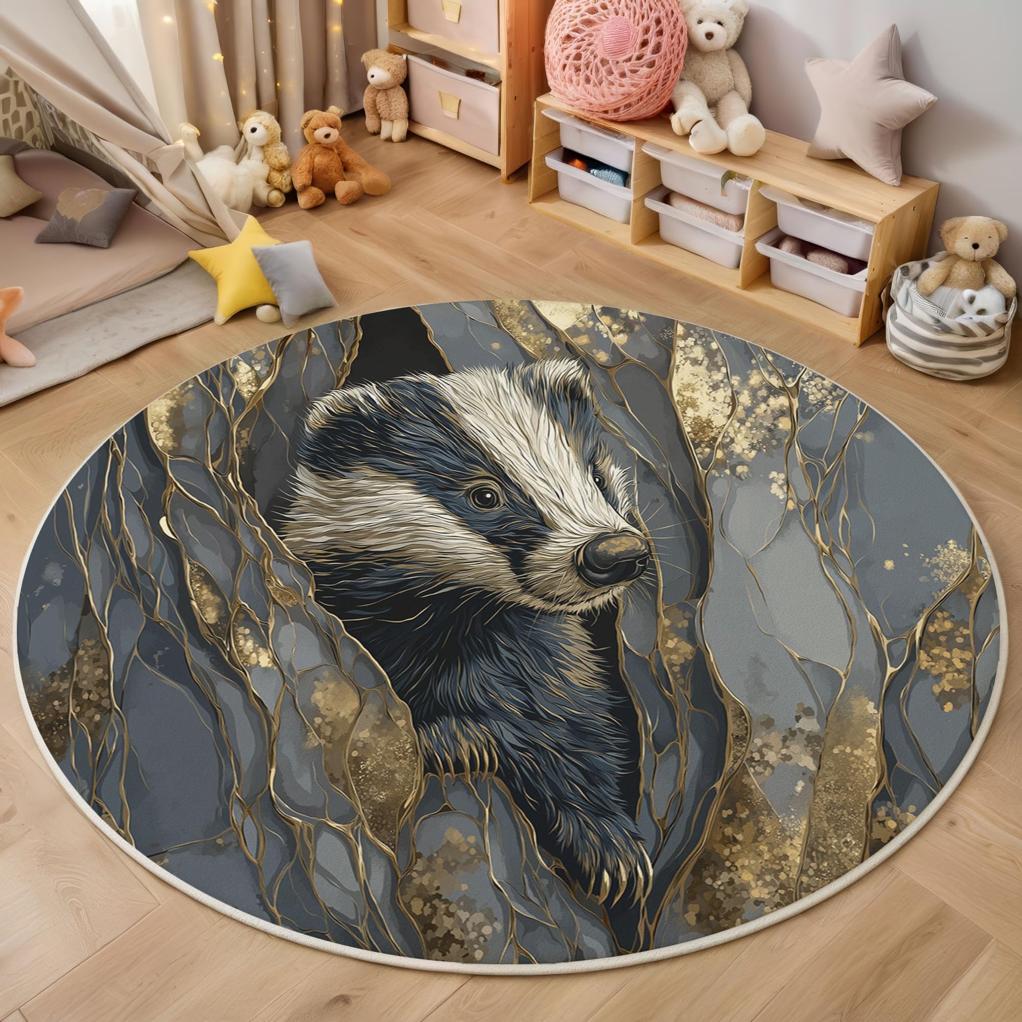 Tapis chambre d'enfant rond 160cm animaux réalistes blaireau mur fissuré salon