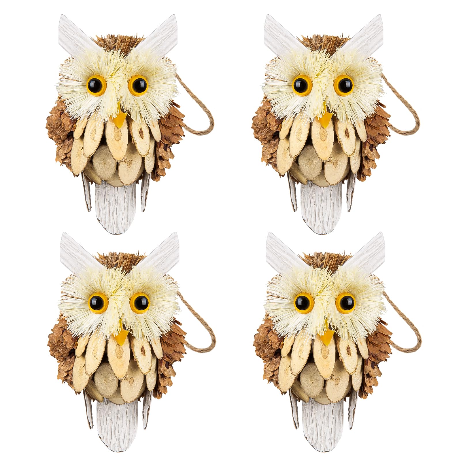 4pcs Woodland Christmas Ornaments - Owl Ornaments for Trees, Handmade Wooden Owls, Rustic Farmhouse Decoration