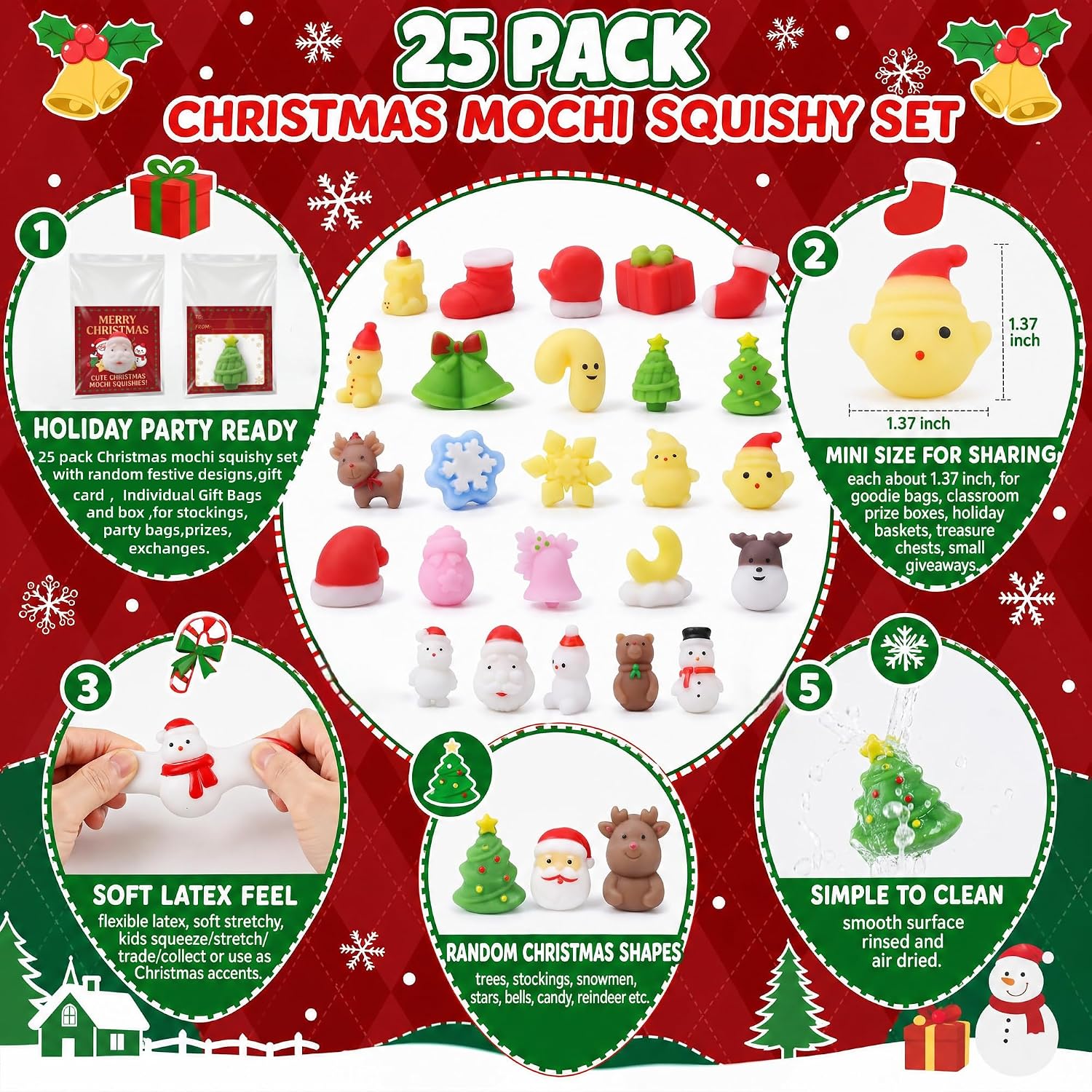 25 Pack Christmas Mochi Squishy Toys with Cards, Squeeze Sensory Fidget Toys for Kids & Adults, Mini Squishies Stress Relief Party Favors, Xmas Stocking Stuffers, Treasure Box Classroom prizes image 4
