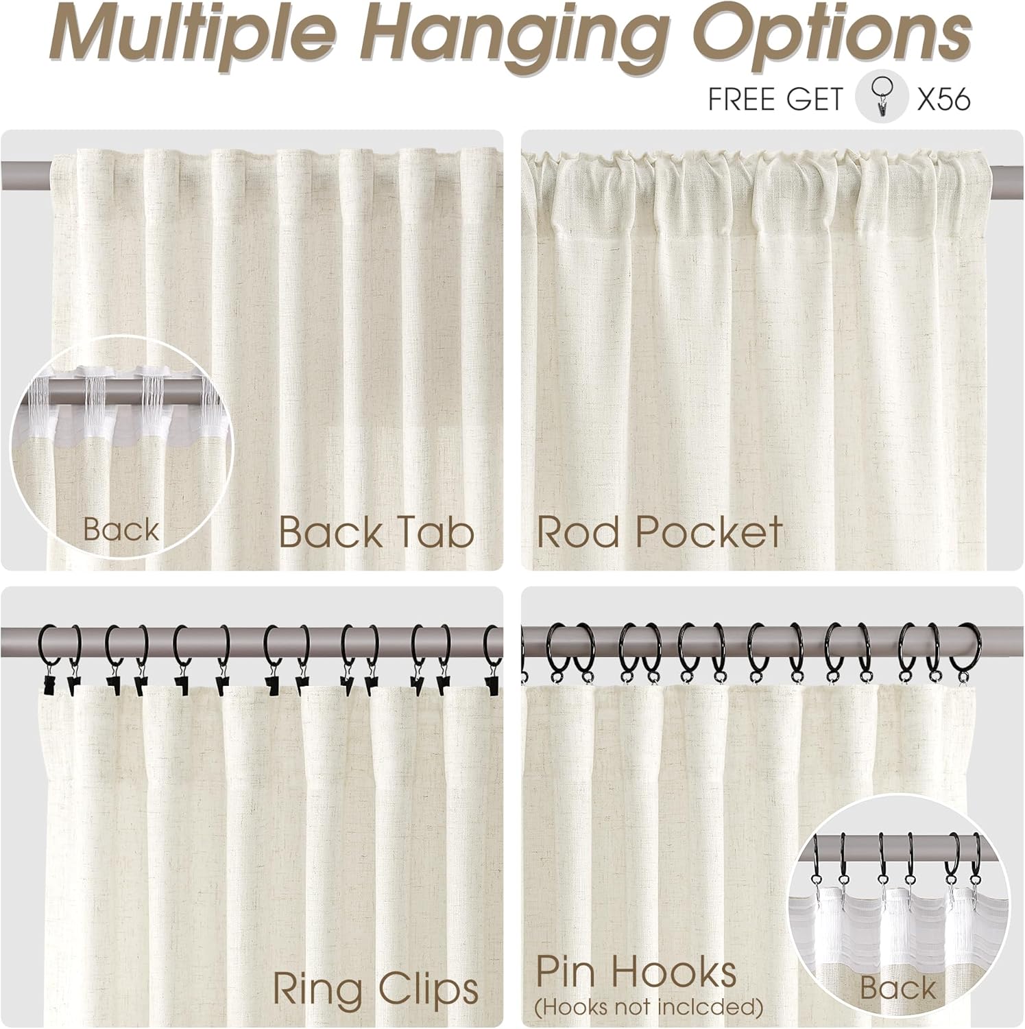 Nanspring Sliding Door Linen Curtains Extra Wide Linen Textured Light Filtering Farmhouse Boho Room Divider Drape for Living Room Large Window Patio Door, 100 x 102 inches Long, 2 Panel Natural