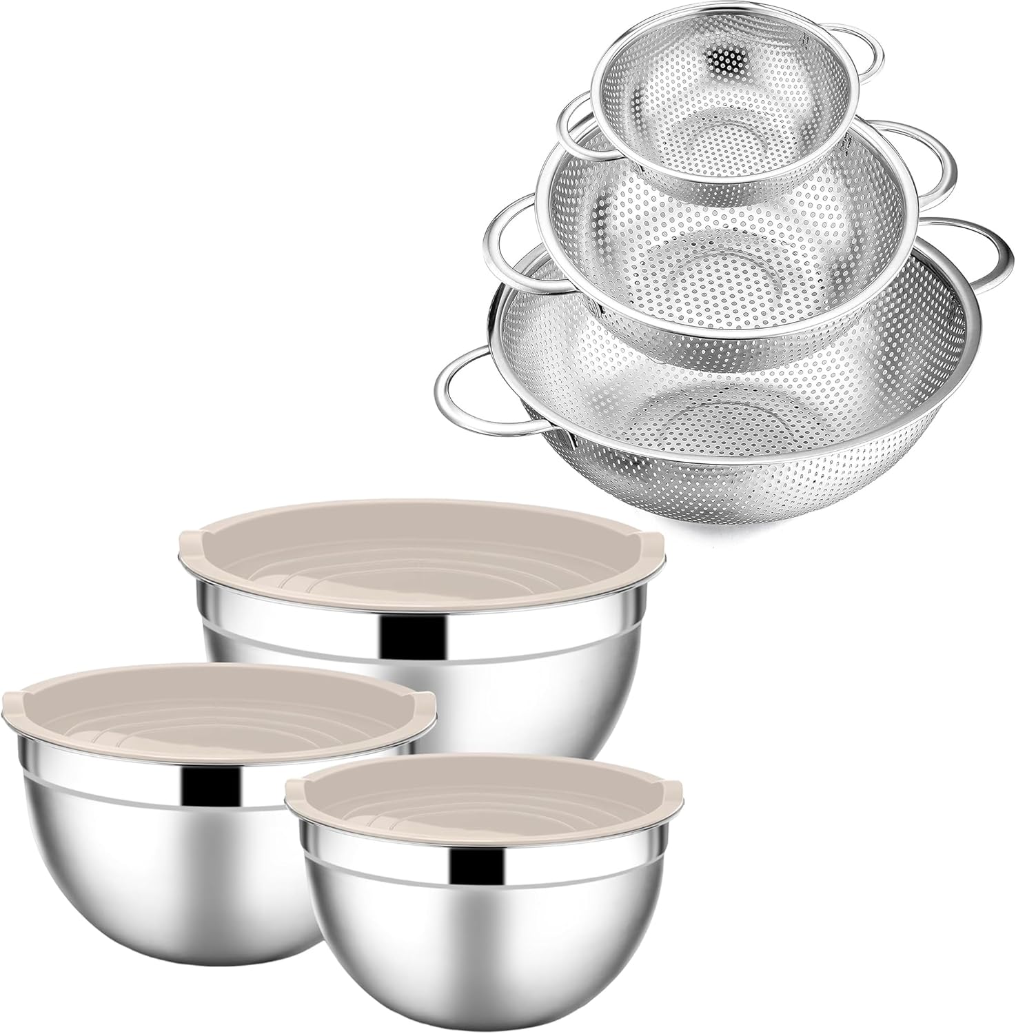 E-far 6-Piece Mixing Bowls with Lids and Colander Set of 3, Stainless Steel Salad Bowls for Baking and Cooking, Micro-Perforated Metal Colander Strainer with Handle for Kitchen/Draining Pasta