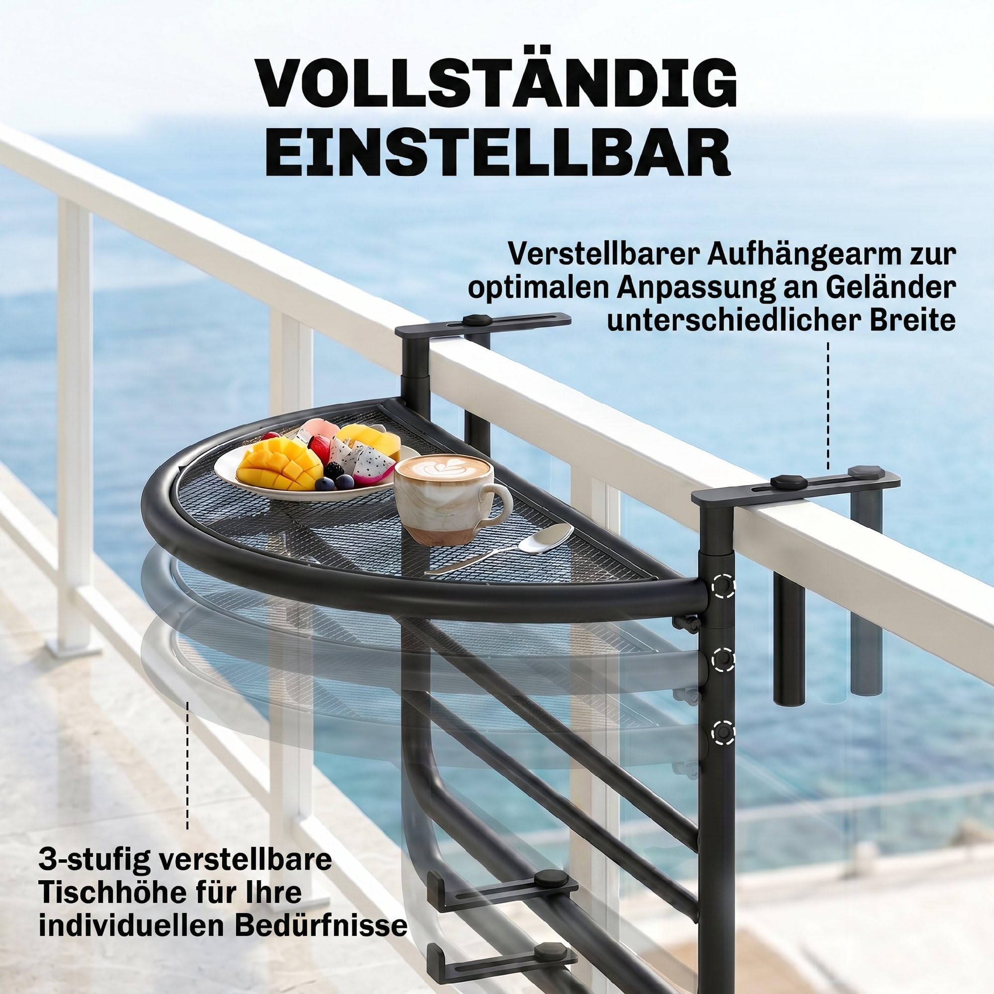 Outsunny Balkonhängetisch Hängetisch Gartentisch höhenverstellbar halbrund Ø30 cm Terrasse Metall Weiß L60 x B45 x H50 cm