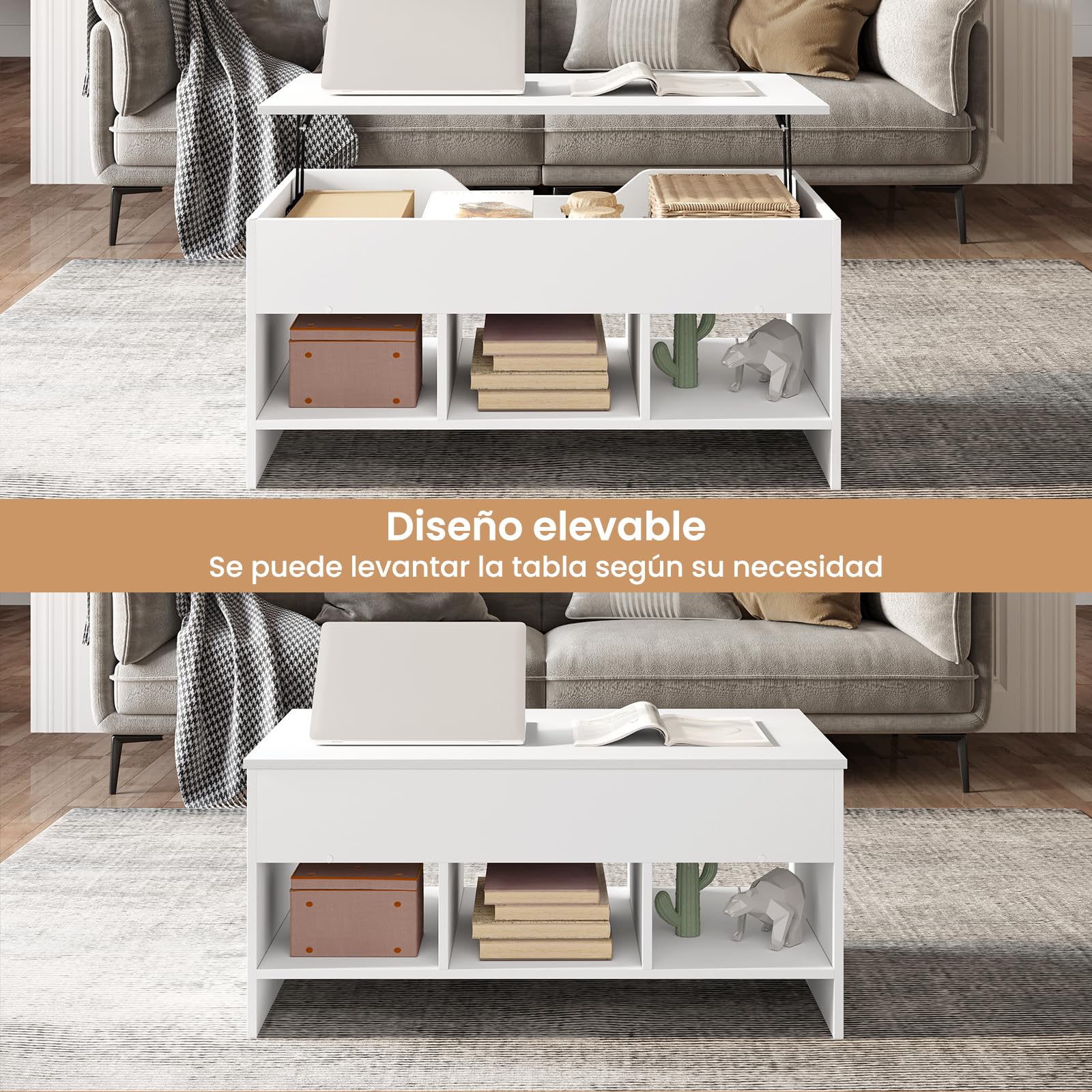 WOLTU Mesa de Centro Elevable y Extensible con Superficie Elevable | 3 Estantes Abiertos,Fácil de montar，Capacidad de carga máxima 30 kg,Mesita Pequela para Salon,Blanco,95x(40-55.5)x50 cm