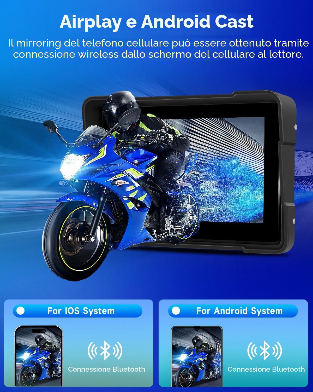 Rimoody Wireless Carplay Motorbike Navi Android Auto, 7 Pollici Touchscreen Autoradio Portatile per Moto, Wireless Carplay Display con Airplay/Android Cast/Dual Bluetooth/Navigazione/IP67 Impermeabile