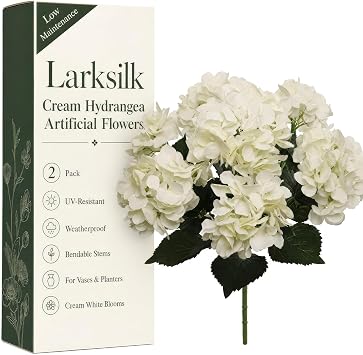 Larksilk Cream Hydrangea Artificial Flowers, Outdoor UV Resistant 2 Pack