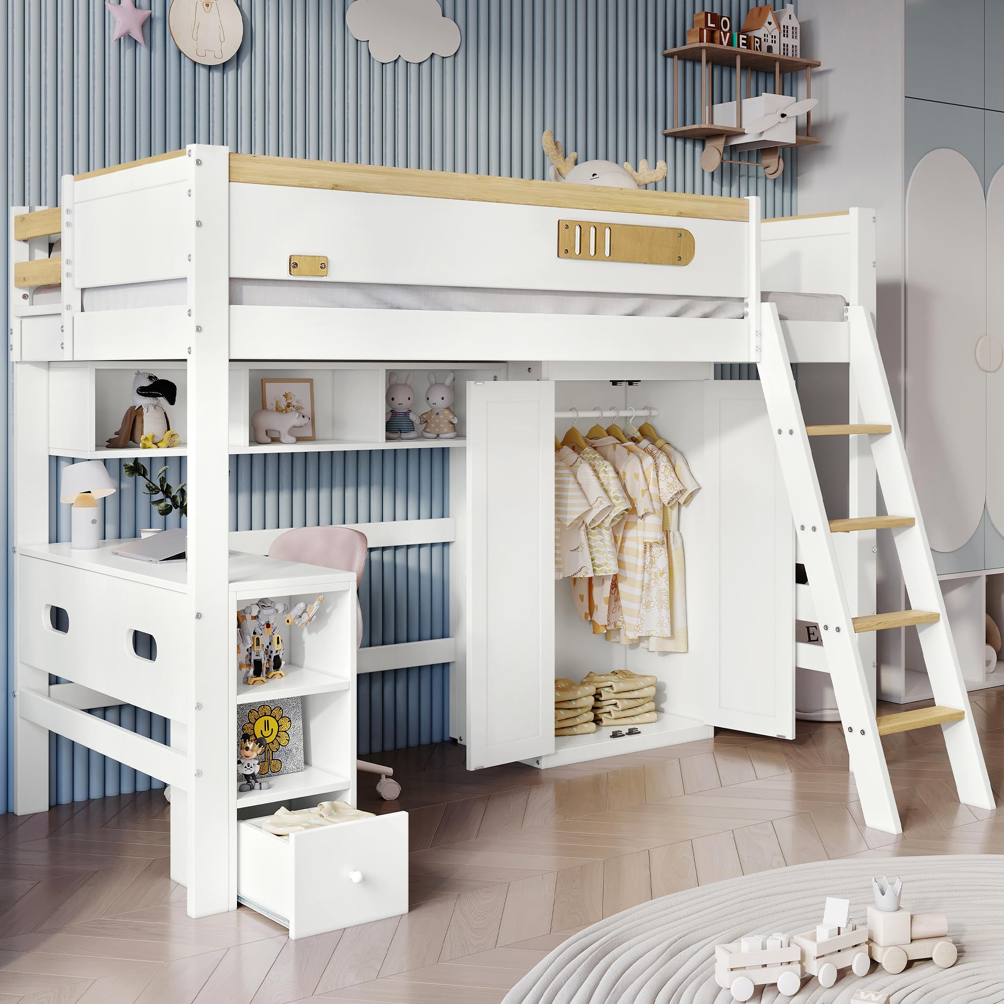 Cama Alta para Niños 90 x 200 cm, Litera con Rejilla de Protección, Mesa, Armario y Estantería Abierta - Amplio Espacio de Almacenamiento