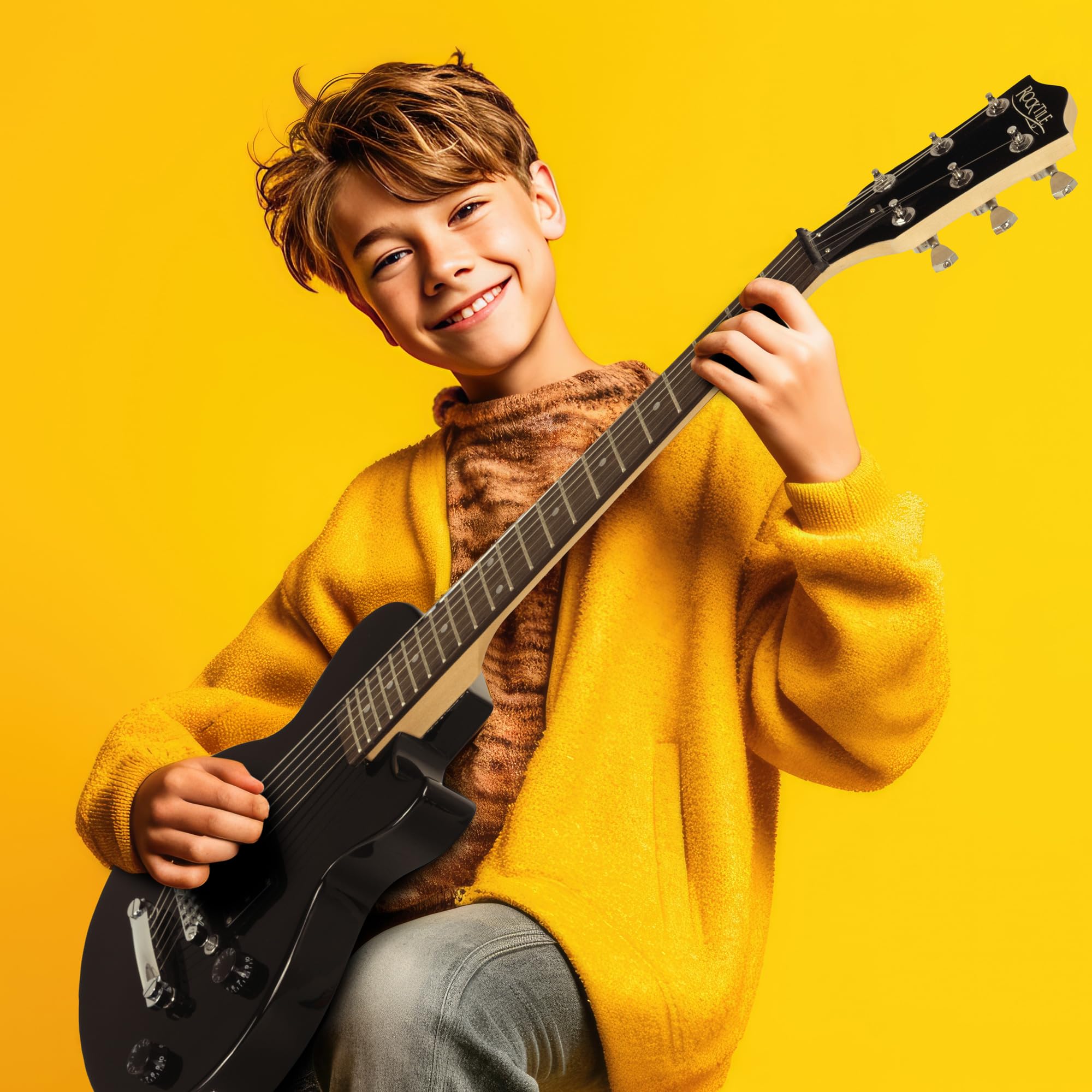 Rocktile L-50B Junior 3/4 Mensur SET (E-Gitarre für Kinder von 6-12 Jahren, Verstärker, Gurt, Kabel) schwarz