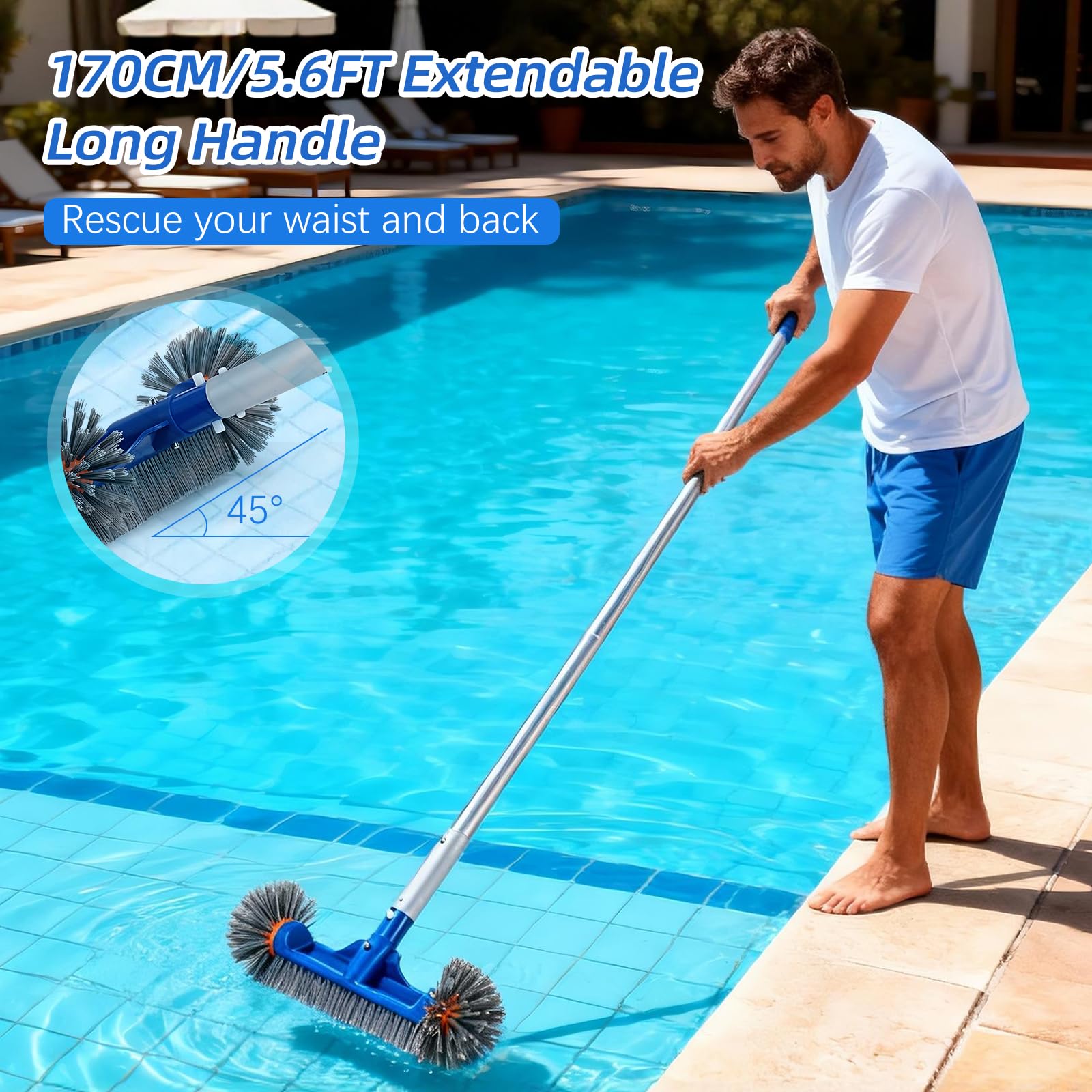 Balai Brosse Piscine Épuisette Piscine Kit de Nettoyage de, 2 Brosse Éponge, Brosse de avec Extrémités Rondes avec 170CM Télescopique Réglable pour Nettoyer la Fontaine Bassins