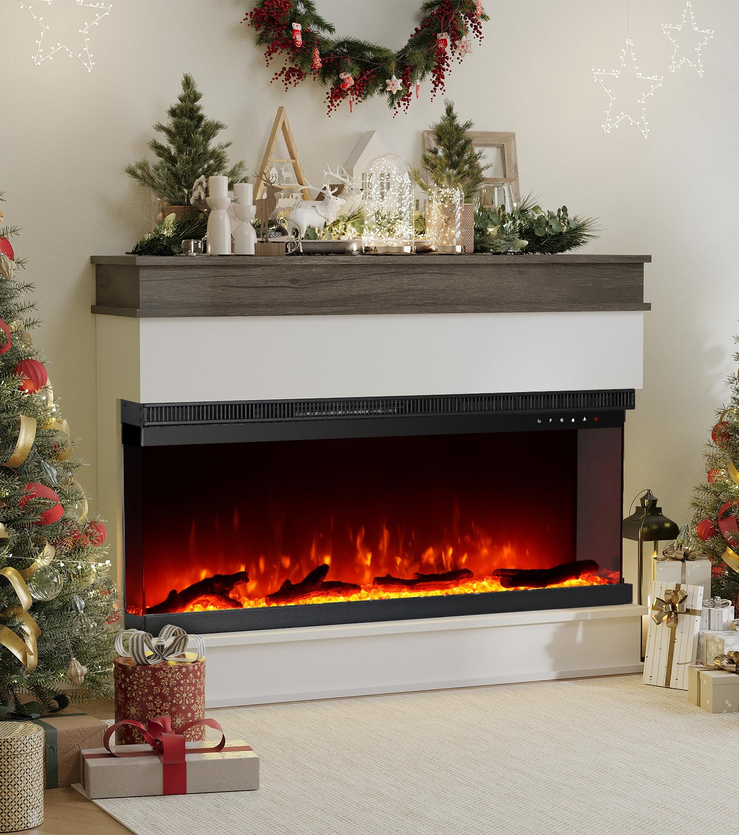 M.C.Haus 3-seitiger elektrischer Kamin-Einsatz - Minimalistischer Kamin - 12 Farb-Flammeneffekt - 1500/750 Watt Heizgerät - Fernbedienung - Holz & Kristalle (50", Weiß)
