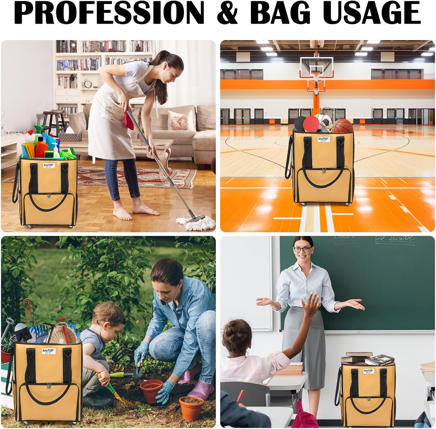 AnsTOP Reusable Grocery Bag on Wheels, 66LBS Foldable Shopping Cart with 5 Smooth Caster Wheels Zippered Top, Rolling Tote with Multiple Pockets for Groceries, Laundry, Travel, Camping,Medium,Brown