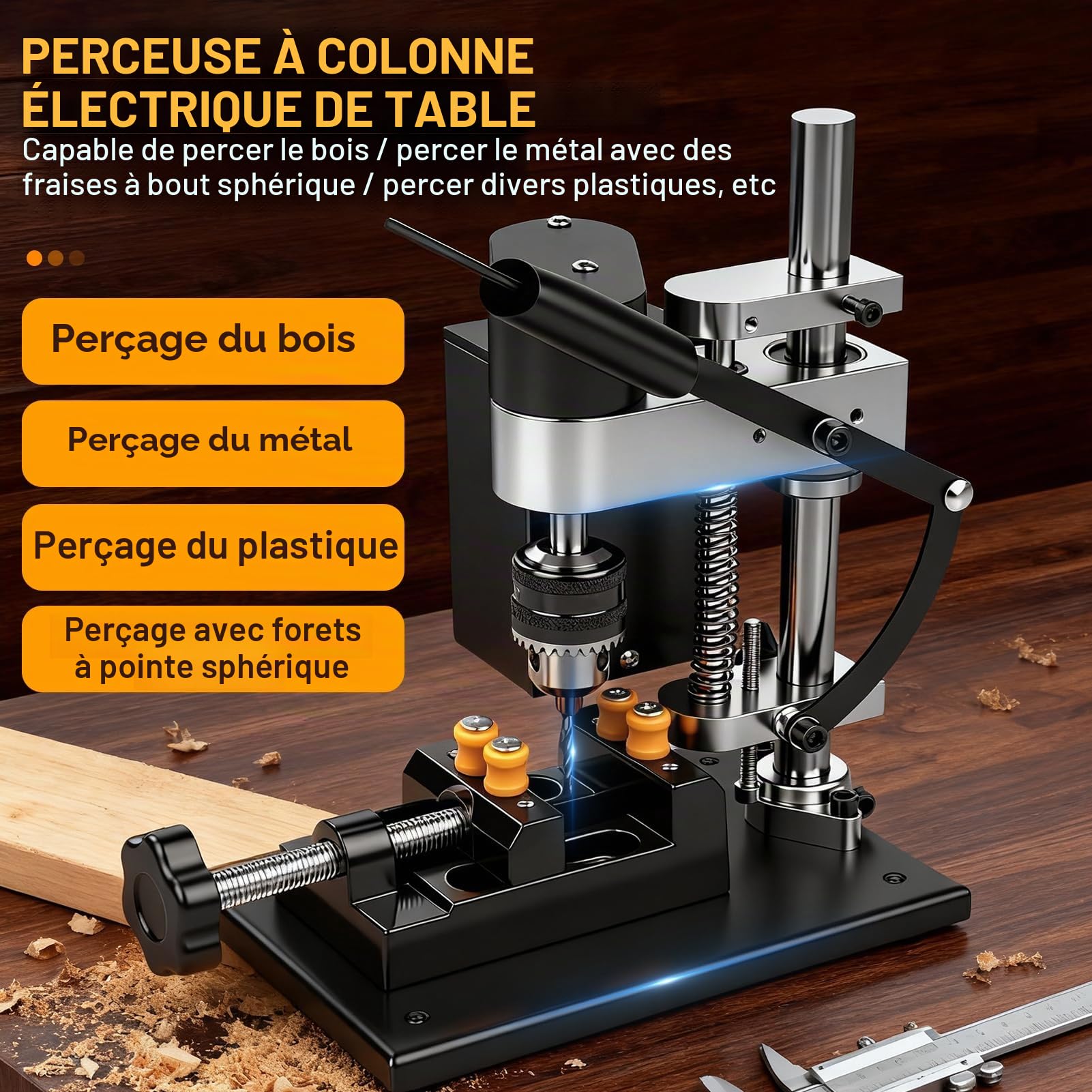 Mini Perceuse à Colonne, 200W Perceuse d'Établi, 7 Vitesses Réglables, Réglage Hauteur 50mm, Mandrin Perçage 0,6-6 mm, Course Perçage 50 mm, Moteur 775 pour Métal, Bois, Acrylique, Aluminium