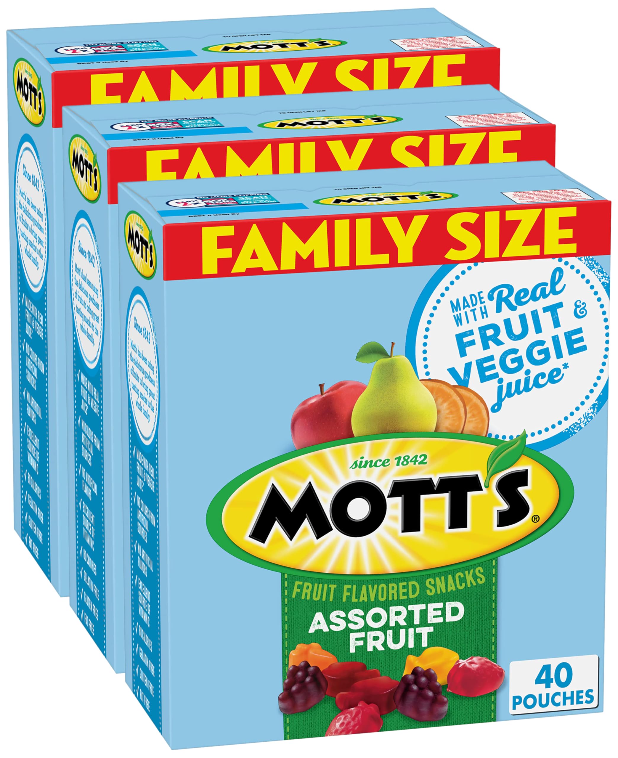 Mott's Fruit Flavored Snacks, Assorted Fruit, Pouches, 0.8 oz, 40 ct (Pack of 3)