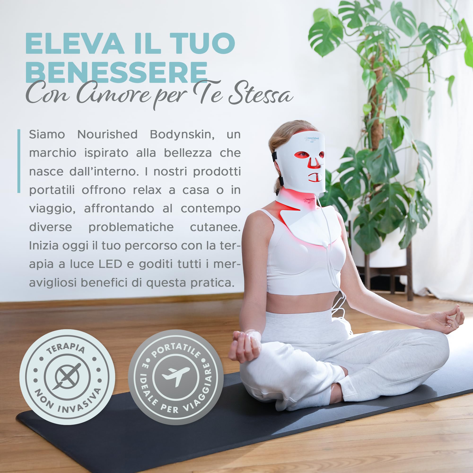 Nourished Bodynskin Maschera LED per Viso e Collo con Infrarossi Vicini - Terapia della Luce Blu, Rossa per il Viso - 228 LED - Strumento per la Cura della Pelle contro le Rughe, Anti-Età