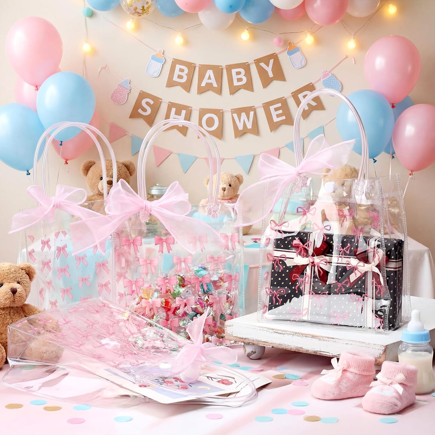 Kolldenn 48 Pcs Pink Bow Clear PVC Gift Bags with Handle Ribbon Reusable Pink Coquette Bowknot Goodies Treats Totes Bulk for Birthday Wedding Baby Shower Party Supplies, 5.9 x 6.3 x 2.8 Inch - Image 2