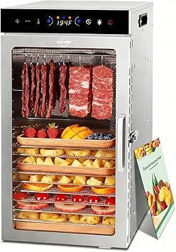 Food Dehydrator Machine 18Tray, 800W Dual Fan Fast Drying, 24H Timer, 86-194F Control, Noise Below 45dB, LED Panel, Stainless Steel Dehydrators for Food and Jerky Herb Meat Fruit, Rectangular