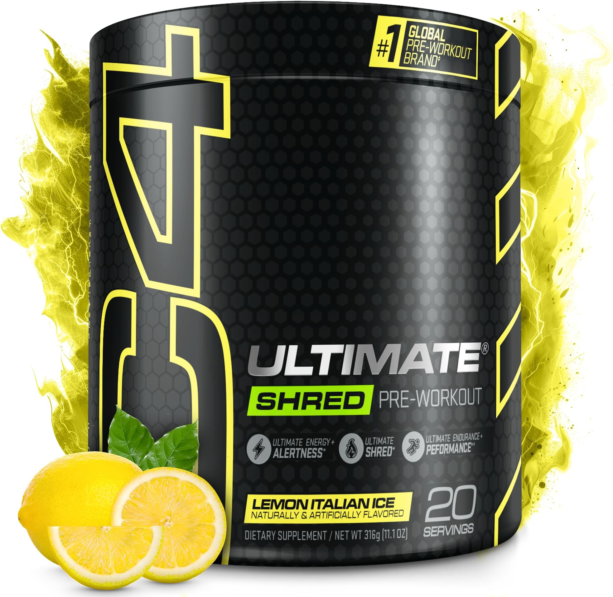 Cellucor C4 Ultimate Shred Pre Workout Powder, Fat Burner for Men & Women, weight Loss Supplement With Ginger Root Extract, Lemon Italian Ice, 20 Servings