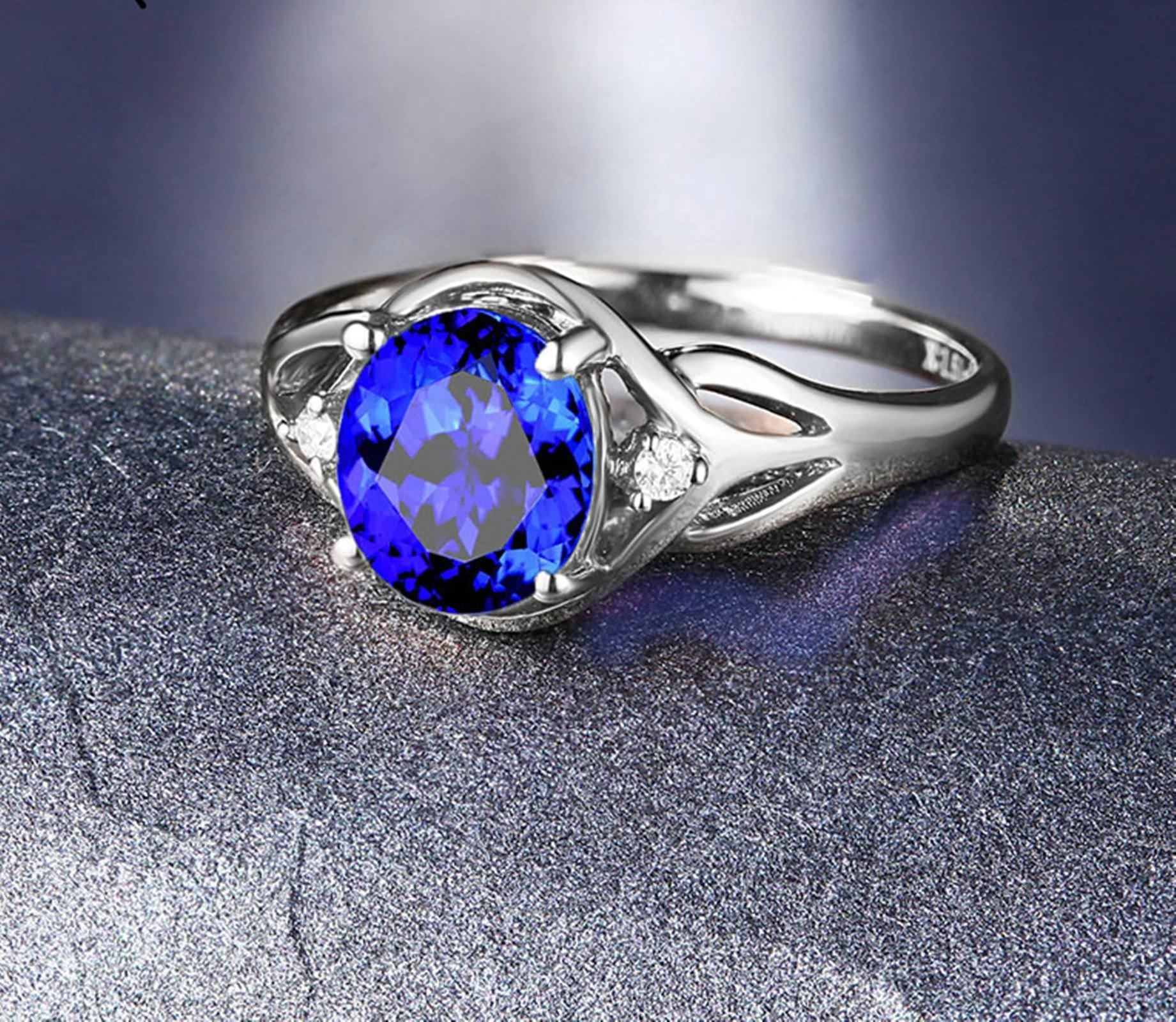 Anillo Compromiso Oro 18K, Anillos Mujer Compromiso Zafiro Creado En Laboratorio Forma Redonda Plata