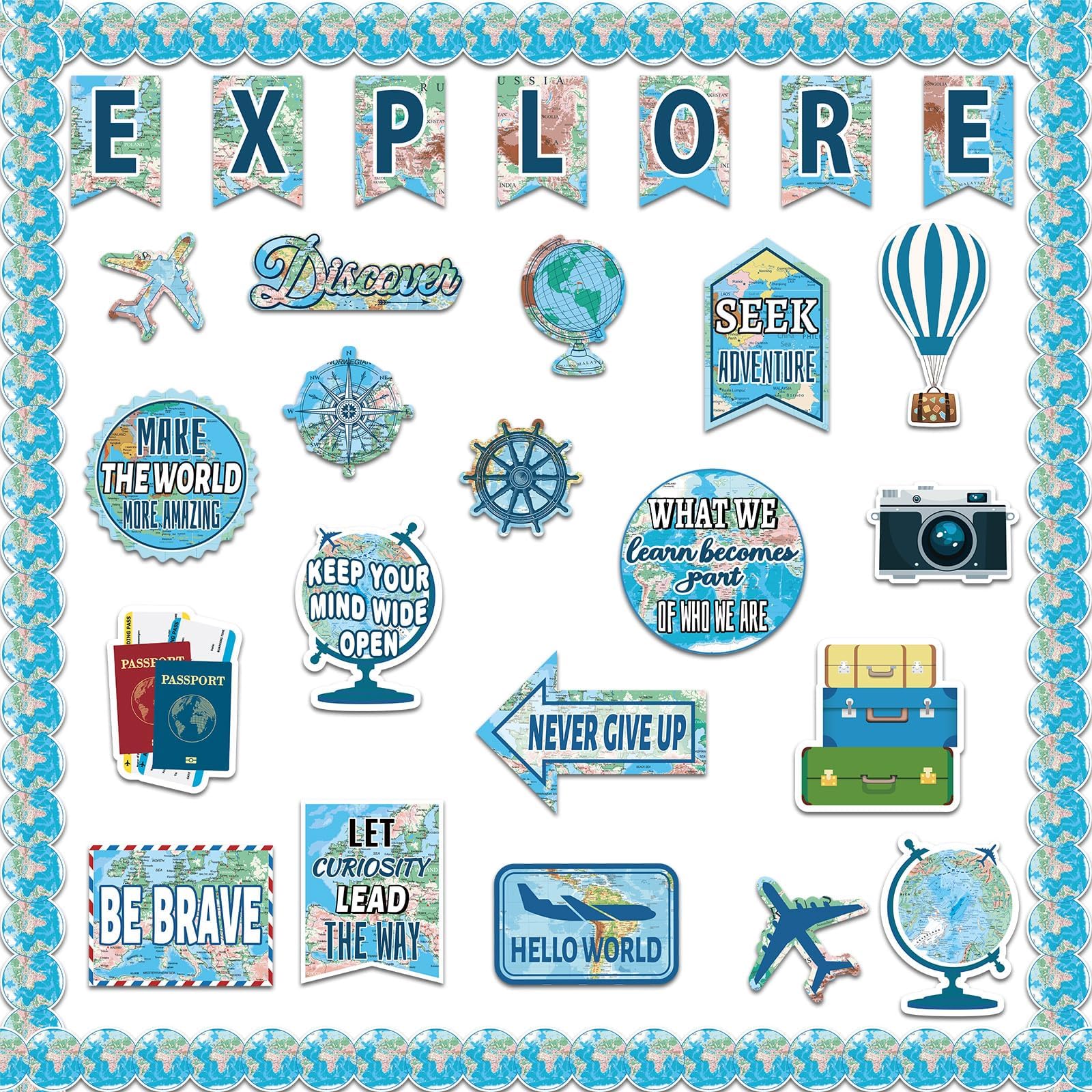 gisgfim Travel the Map Bulletin Board Set Motivational Sign Travel Cutouts World Map Adventure Classroom Decor Explore Accent Bulletin Board Decoration for Teacher Back to School Wall Chalkboard Decor
