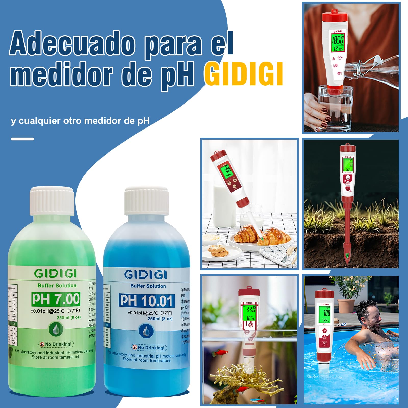 Kit de solución de calibración de medidor de pH, pH 7,00, 10,01 y solución de protección de electrodo