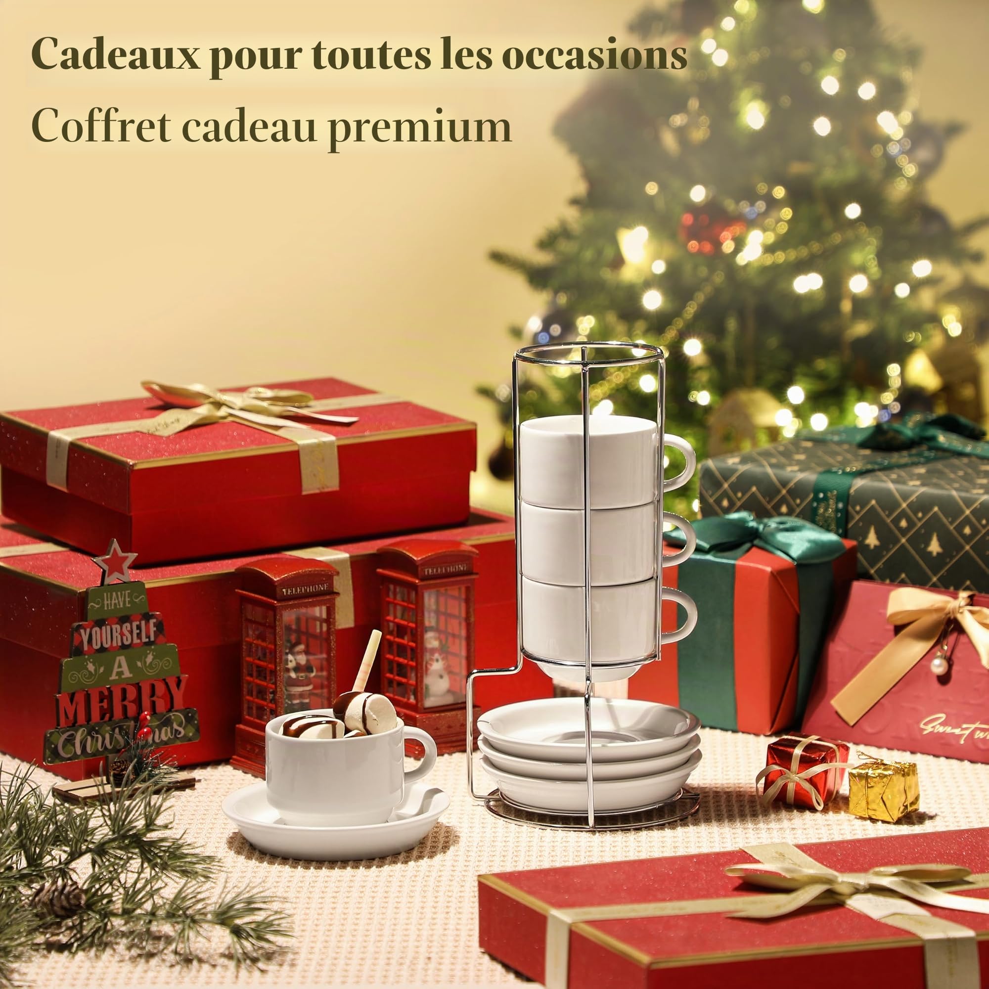 MALACASA Série REGULAR, Lot de 4 Tasses à Café pour 4 Personnes, 150 ml, Service à Café Empilable avec Soucoupe et Support en Métal，Idéal pour Expresso, Cappuccino, Latte, Moka et Thé, Blanc
