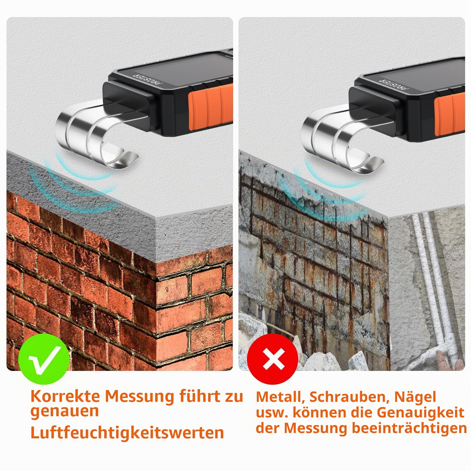 Proster Pinless Feuchtigkeitsmessgerät für Wände, Holz, Beton & Mauerwerk - wiederaufladbares Biegsame Feuchtigkeitsdetektor -5 Modi Ton & Licht Alarm Induktive Messung bis zu 40mm Tiefe