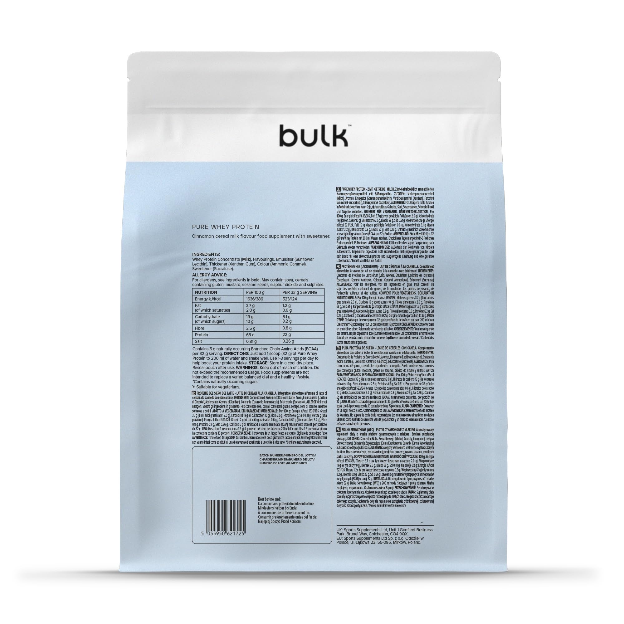 Bulk Pure Whey Proteine in Polvere | Latte di Cereali alla Cannella | 22g Proteine 5g BCAA dose | Basso contenuto di zuccheri | Supporta la crescita il recupero muscolare | Facile da miscelare | 2.5kg