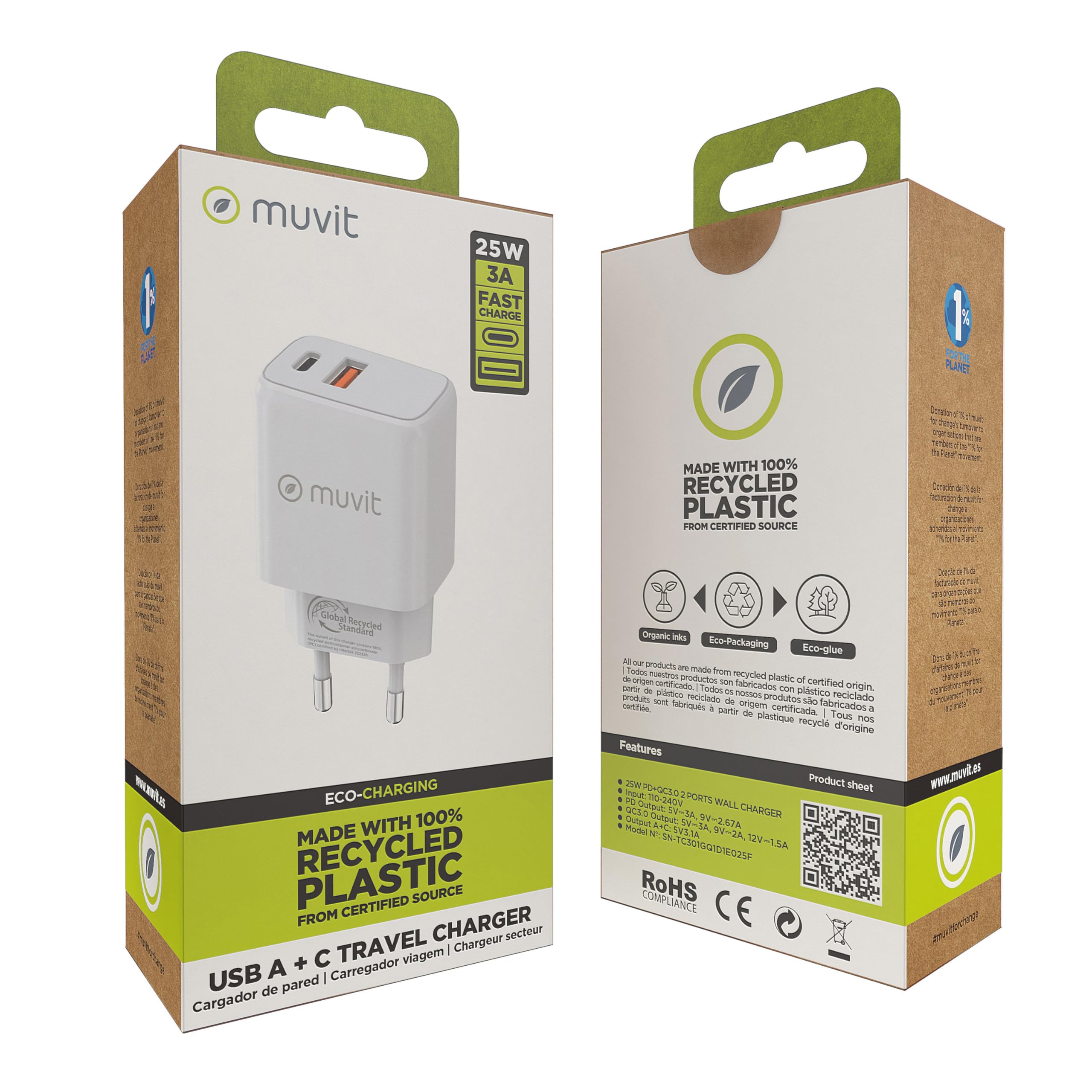 muvit for Change Chargeur mural 1 USB QC 3.0 18 W + 1 Type C PD 25 W Blanc
