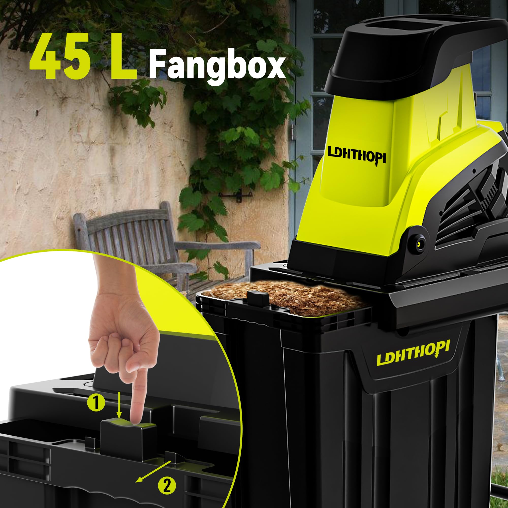 LDHTHOPI Gartenhäcksler 3000W Starke Elektro Leisehäcksler Messertechnik Aststärke MAX 45mm Häcksler 45L Fangbox Für Garten,Terrasse,Hof