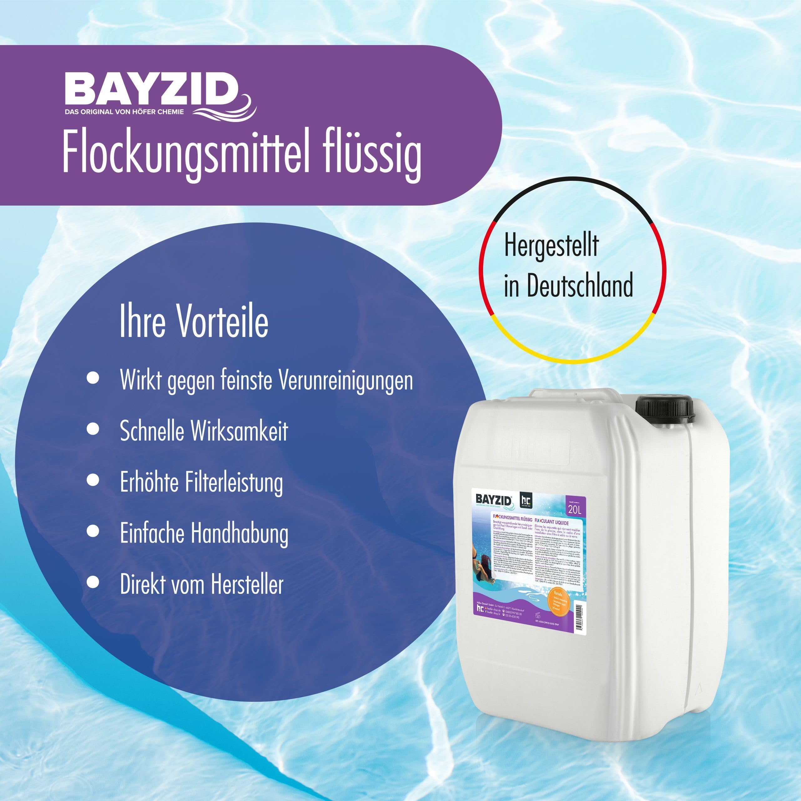 Höfer Chemie 1 x 10 L Pool Flockungsmittel flüssig BAYZID kristallklares Poolwasser - einfache Anwendung + hocheffektive Wirkung gegen Trübungen