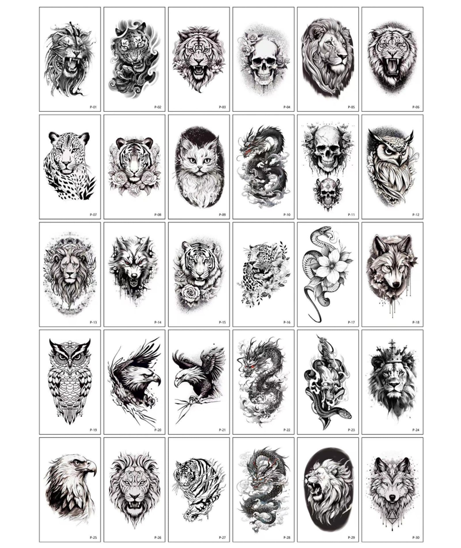 30 Sheets Temporary Tattoo For Men Hand, Beast Themed Tattoo Stickers, Waterproof Body Art For Music Festivals And Sports Activities, Animal Design Temporary Tattoos (Black)-image-0