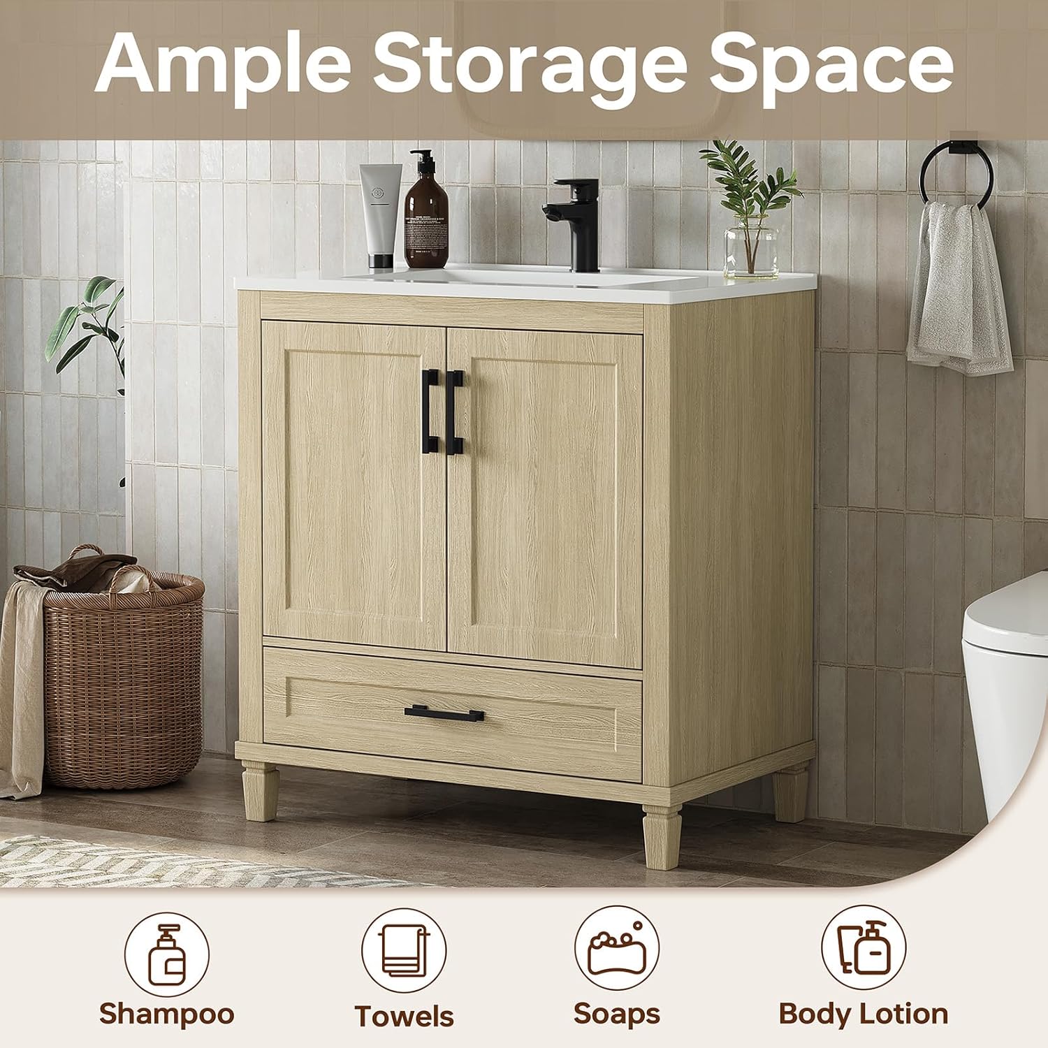 30 Inch Bathroom Vanity with Sink, Modern Bathroom Cabinet with Solid Composite Sink, Oak Vanity with Soft-Closing Drawers & Doors, Single Sink Vanity with Adjustable Feet