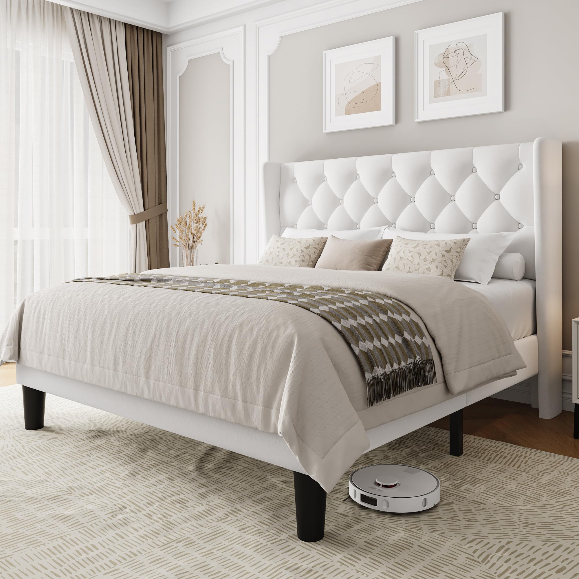 Einhomn Full Size Platform Bed Frame with Velvet Upholstered Wingback Headboard, 11" Under Bed Space, Wooden & Metal Slats Support, No Box Spring