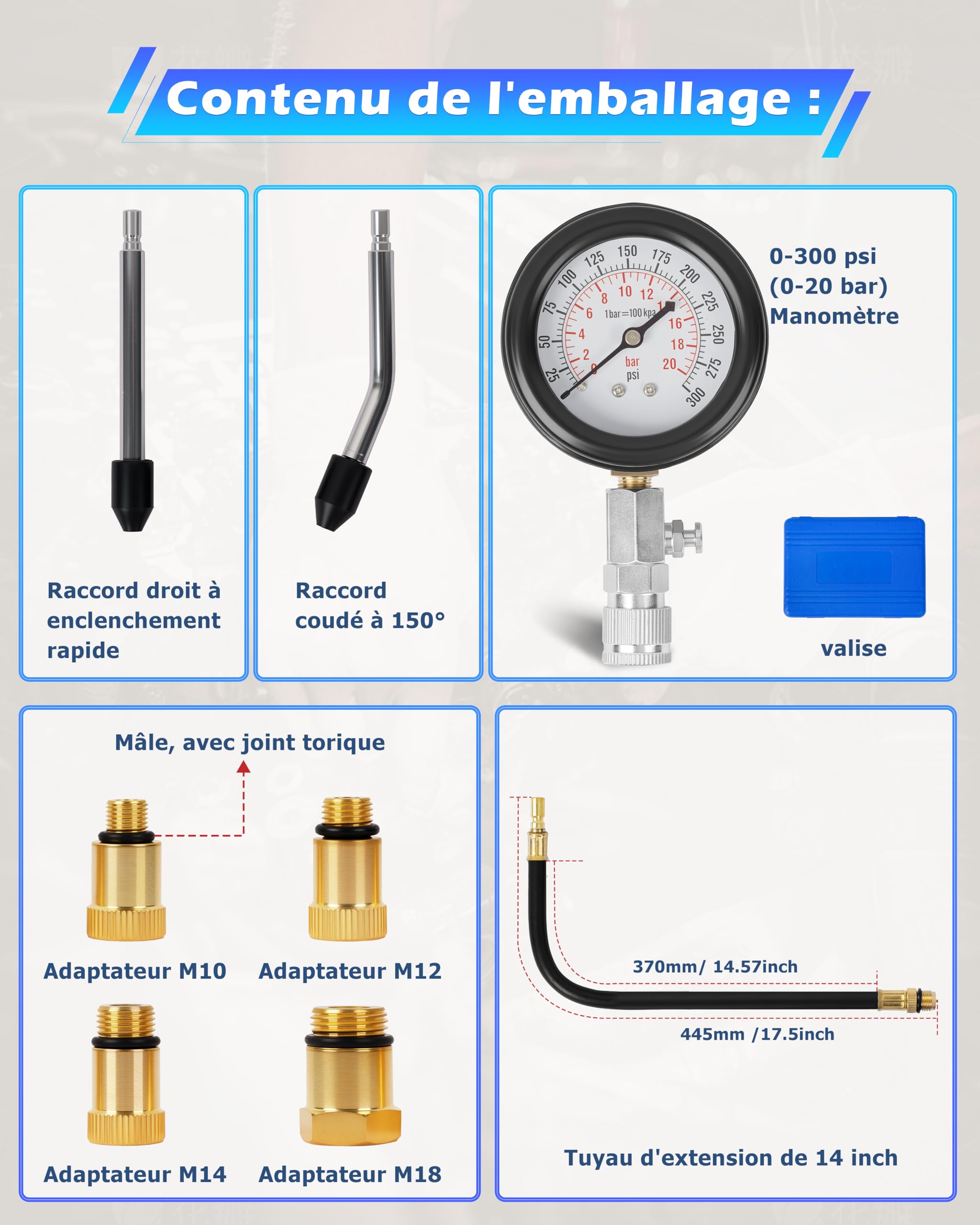 DAYUAN Testeur de Compression, Coffret de compressiomètre Set de compresseur pour Tous Moteurs Deux Kfz M10 M12 M14 M18 0-20 bar & 0-300 psi
