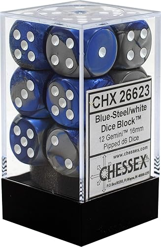 Chessex DND D&D - Juego de dados poliédricos de plástico Géminis de 0.63 pulgadas, color azul, acero y blanco, dados de mazmorras y dragones,