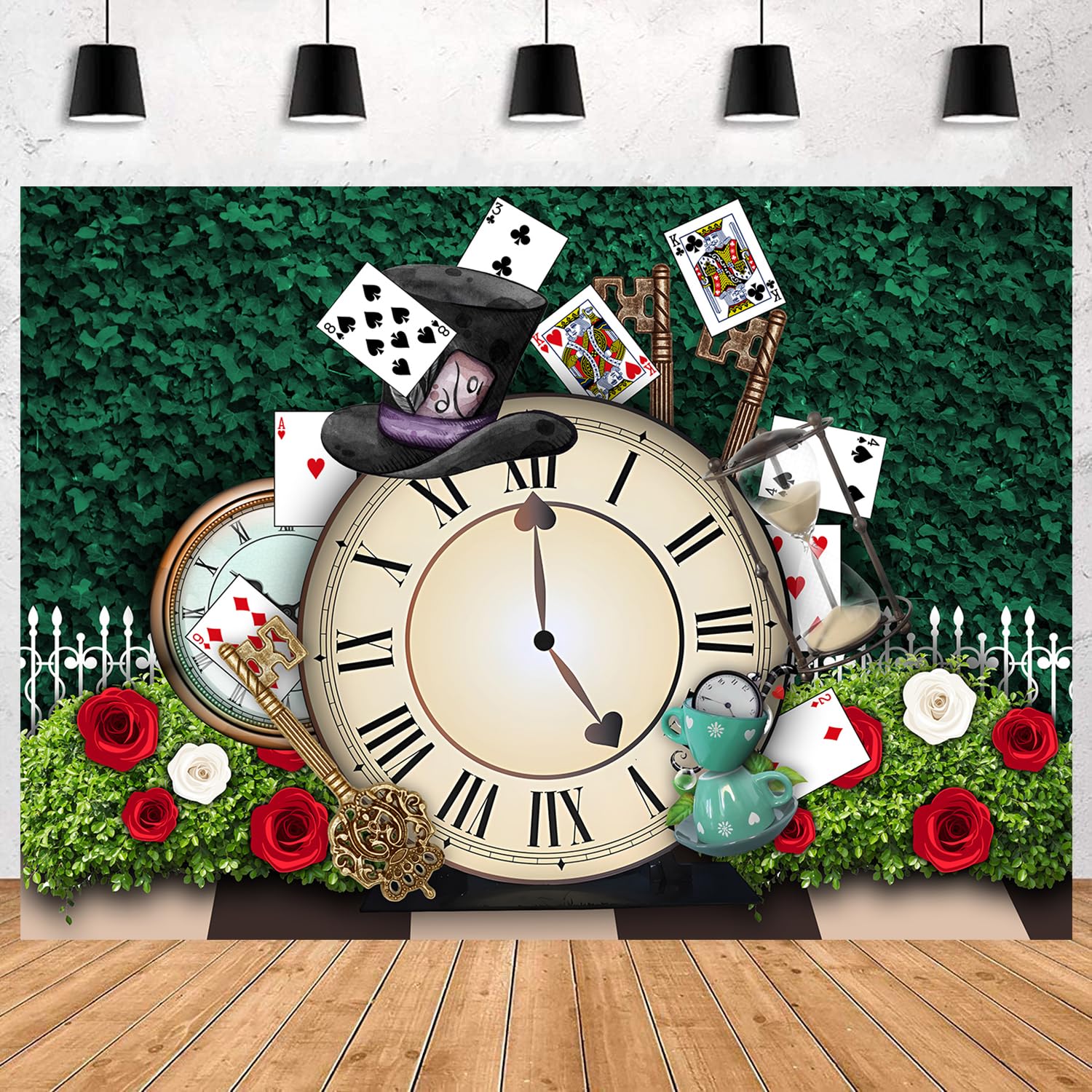 InMemory Green Wonderland Backdrop Rose Flower Magic Clock Teapot Enchanted Poker Cards Kids Baby Shower Birthday Tea Party Decorations Banner