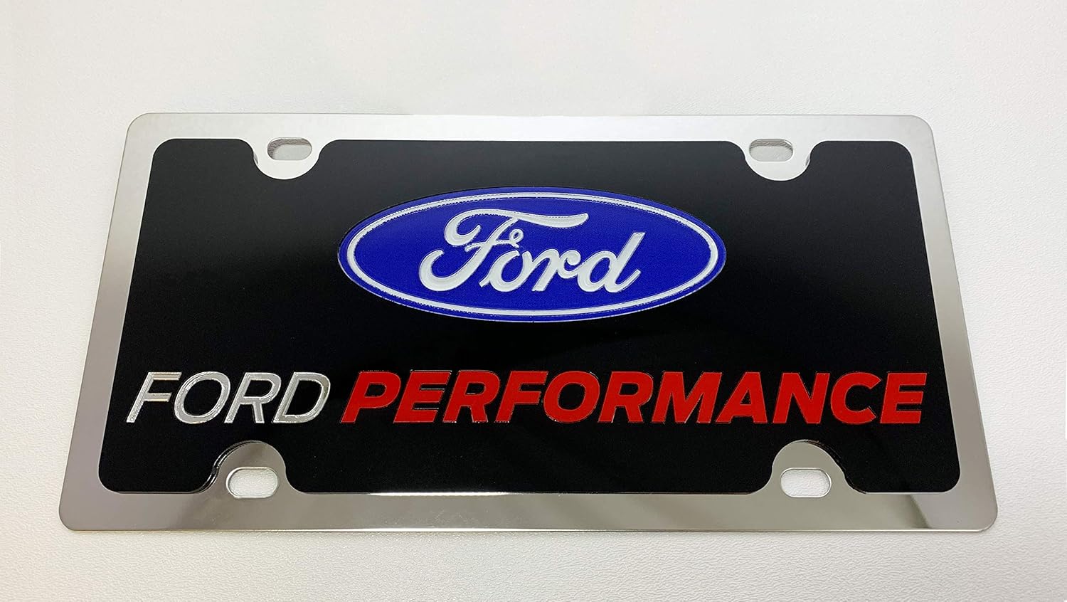 Eurosport Daytona Stainless Steel License Plate- Compatible with -, Ford Performance L/W Blue UV Logo, Mirror Ford and Red Performance Word