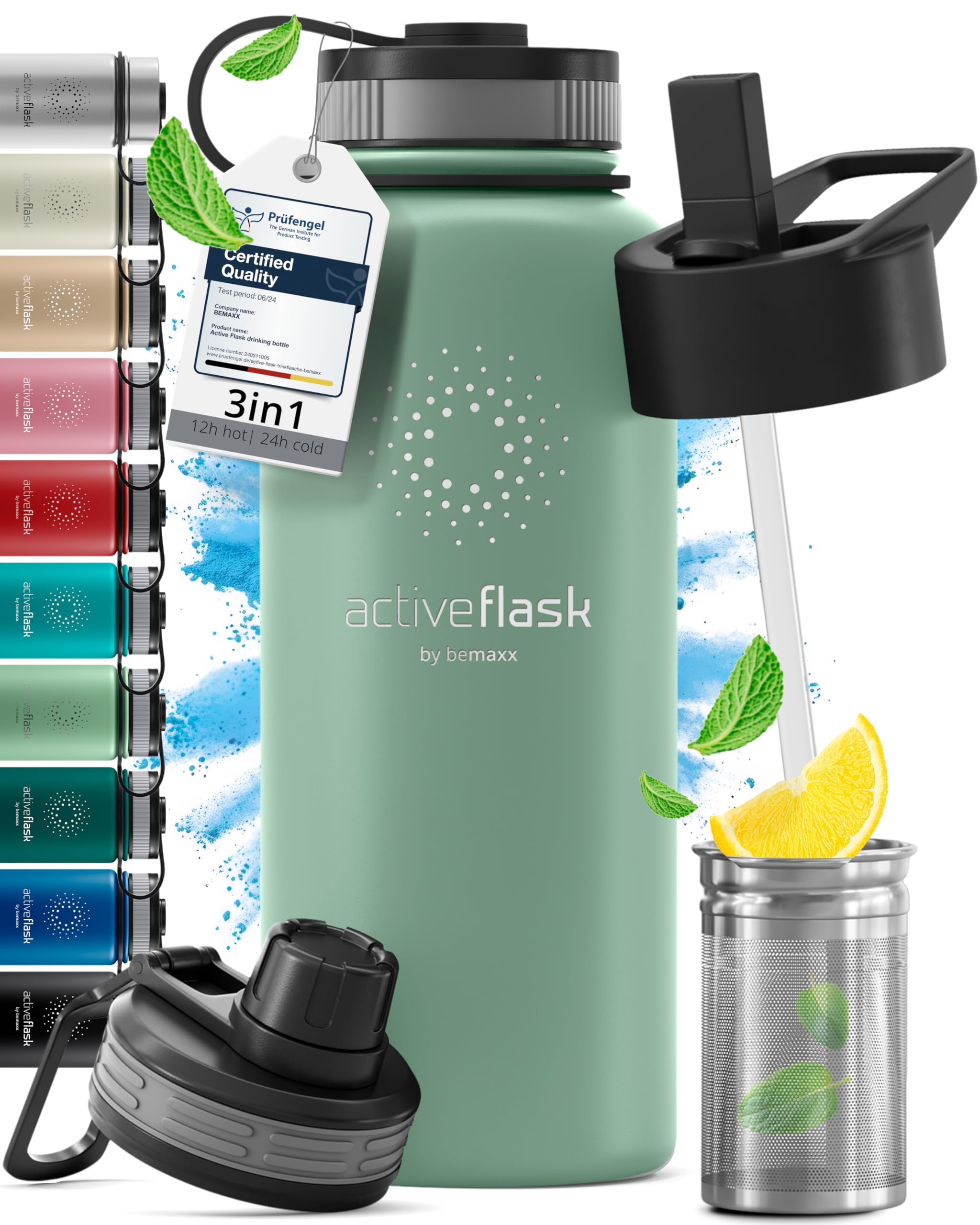 Trinkflasche Edelstahl ACTIVE FLASK + Strohhalm (3 Deckel) BPA-frei, Auslaufsicher, Kohlensäure geeignet - Wasserflasche Fahrrad Thermosflasche Isoliert Isolierflasche Sport Wasser Flasche Kinder Tee