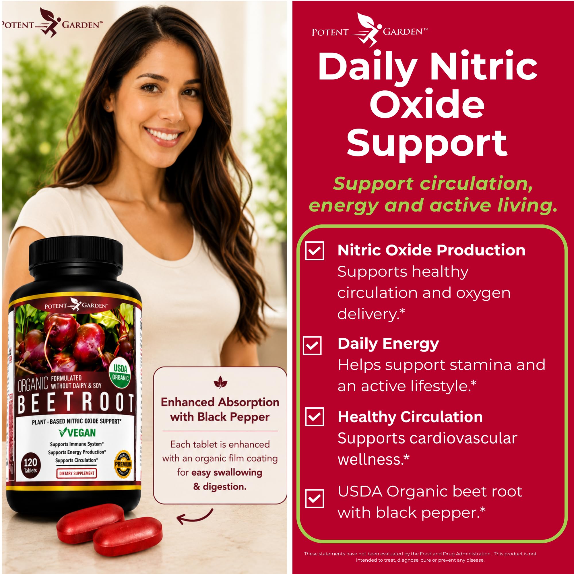 Potent Garden Organic Beet Root Tablets 1350 mg with Black Pepper – Nitric Oxide Support Supplement for Circulation & Energy – Vegan, Non-GMO Beetroot Capsules Alternative – 120 Tablets — Amazon image 3