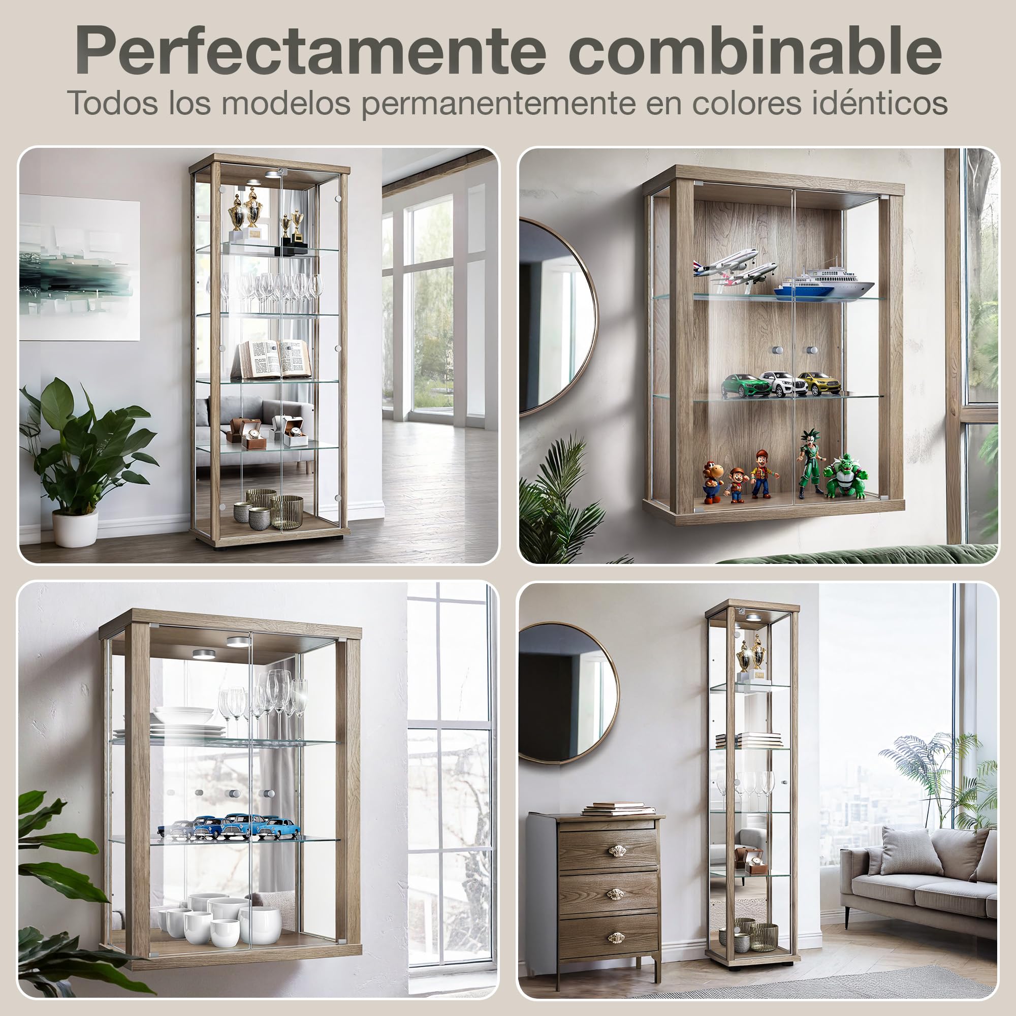 Vitrina de Sonoma (176x37x33cm) con 4 estantes de Cristal Regulables en Altura, Espejo, Cerradura, LED - Vitrina para Modelos - Vitrine de Haya de coleccionista