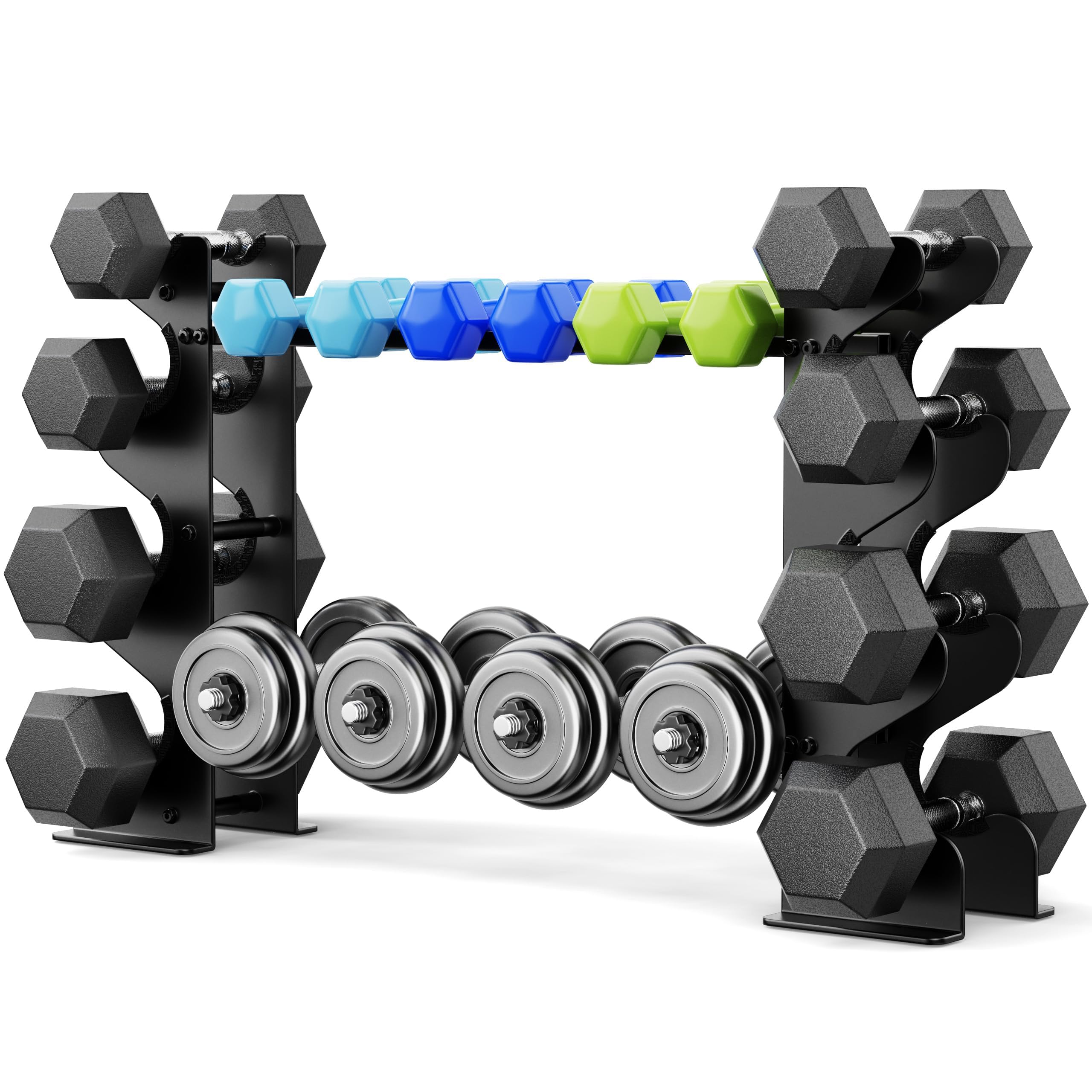Support d'haltères à 4 niveaux pour salle de sport à domicile – Support de poids compact pour haltères, poids libres, support de rangement en acier robuste pour haltères en néoprène et haltères