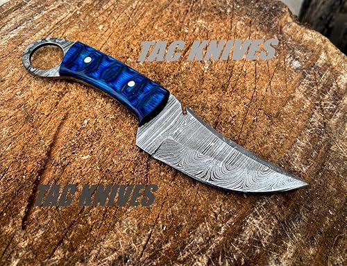 Miniatura 6 de TAC Knives - Cuchillo de supervivencia Bushcraft 12T27 de acero de Damasco de hoja fija para exteriores, mango de madera Pakka - Funda de cuero para