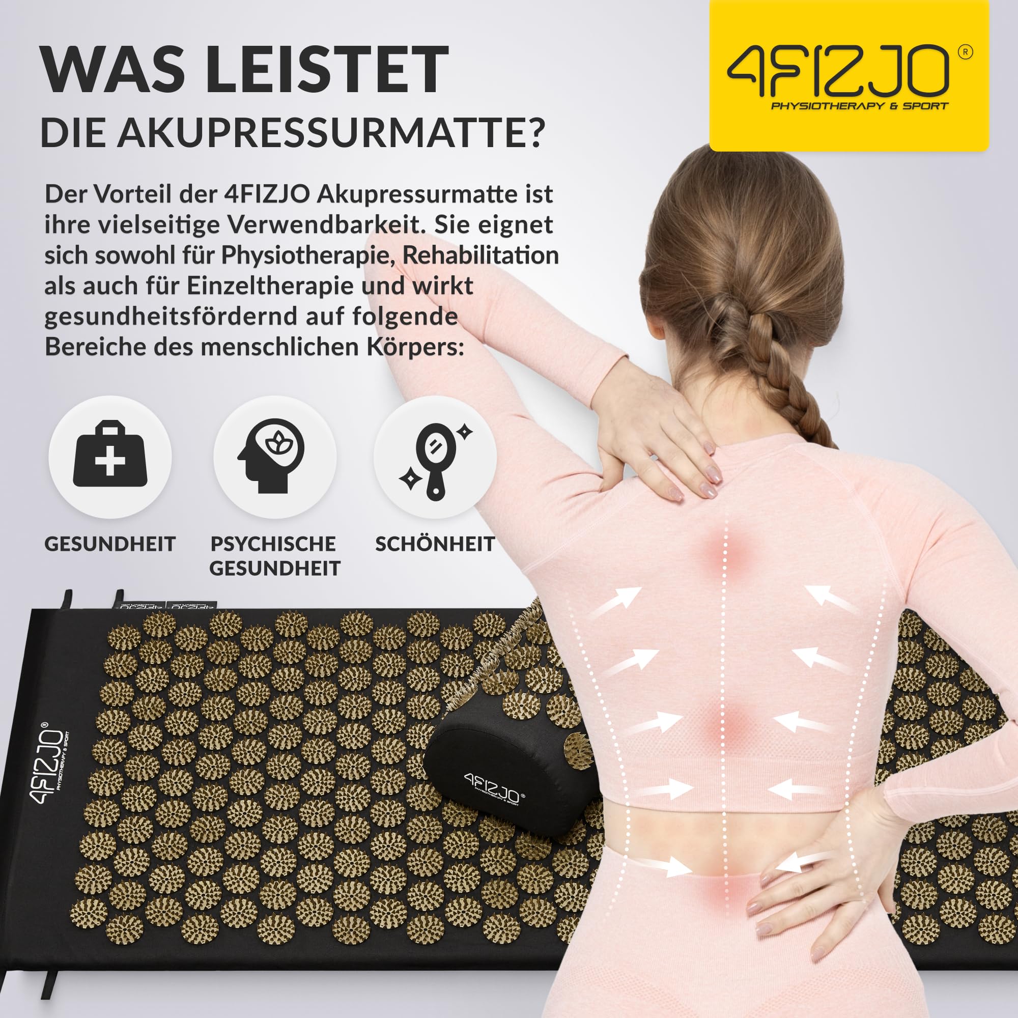 4FIZJO Akupressurmatte & Kissen XL, 110x42x2 cm, mit Tragetasche, Polyurethanschaum, Hypoallergen, 15330 Stacheln, Massagematte für bessere Durchblutung, Muskeln Entspannung, Farbe: Schwarz und Gelb