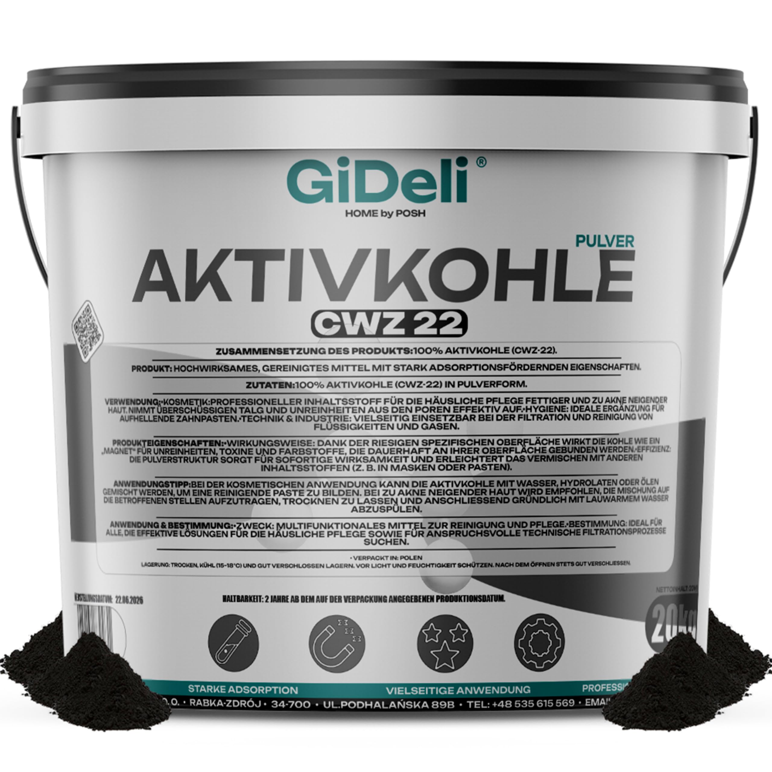 GiDeli CWZ-22 węgiel aktywny w proszku 20 kg w wiadrze – węgiel aktywny w proszku 100% czysty do kosmetyków, higieny i filtracji – drobno zmielony z silną adsorpcją – do maski, pielęgnacji zębów i