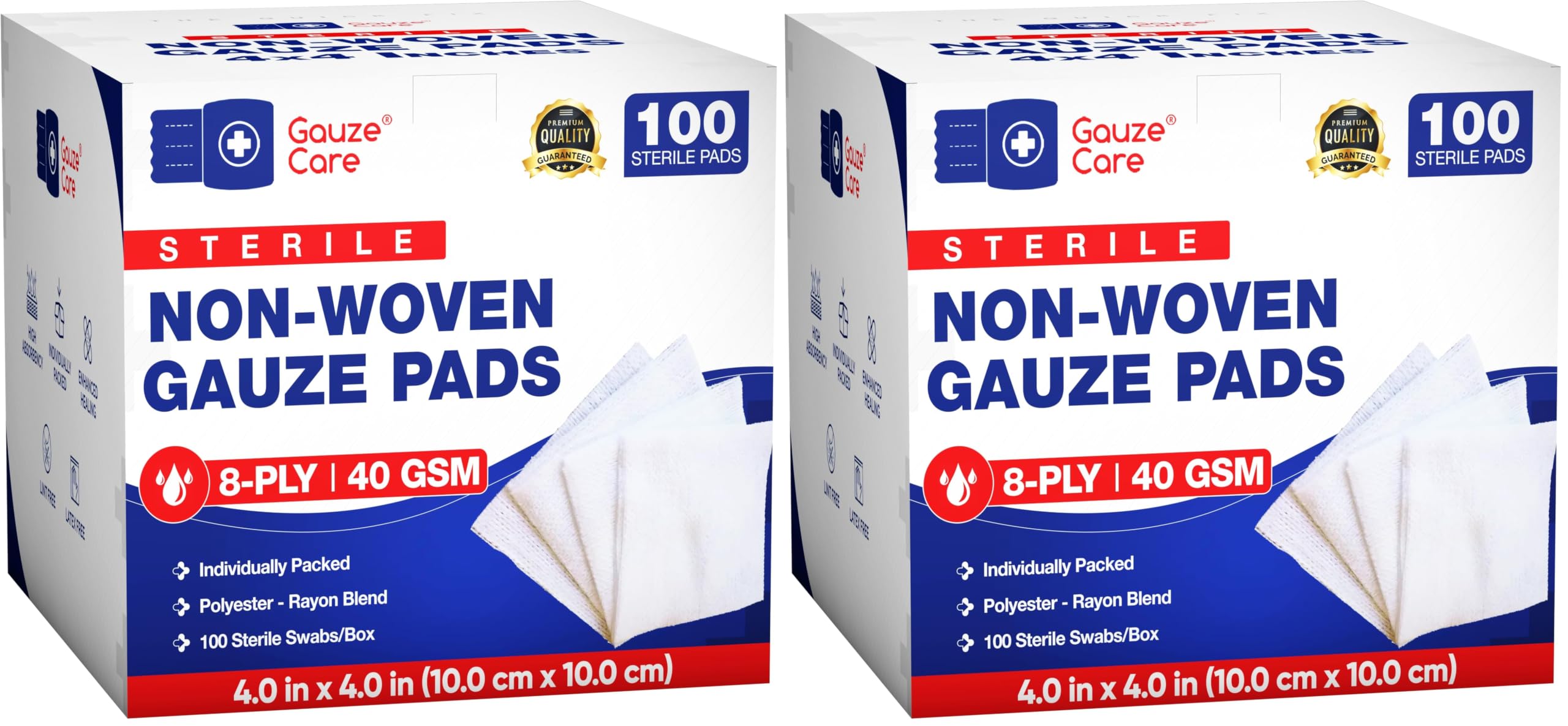 Gauze Care Non-Woven Sterile Gauze Pads 4x4, Pack of 200, 8-Ply, Soft, Lint-Free, Individually Wrapped, Sterile, Absorbent, Breathable, Perfect for Wound Care